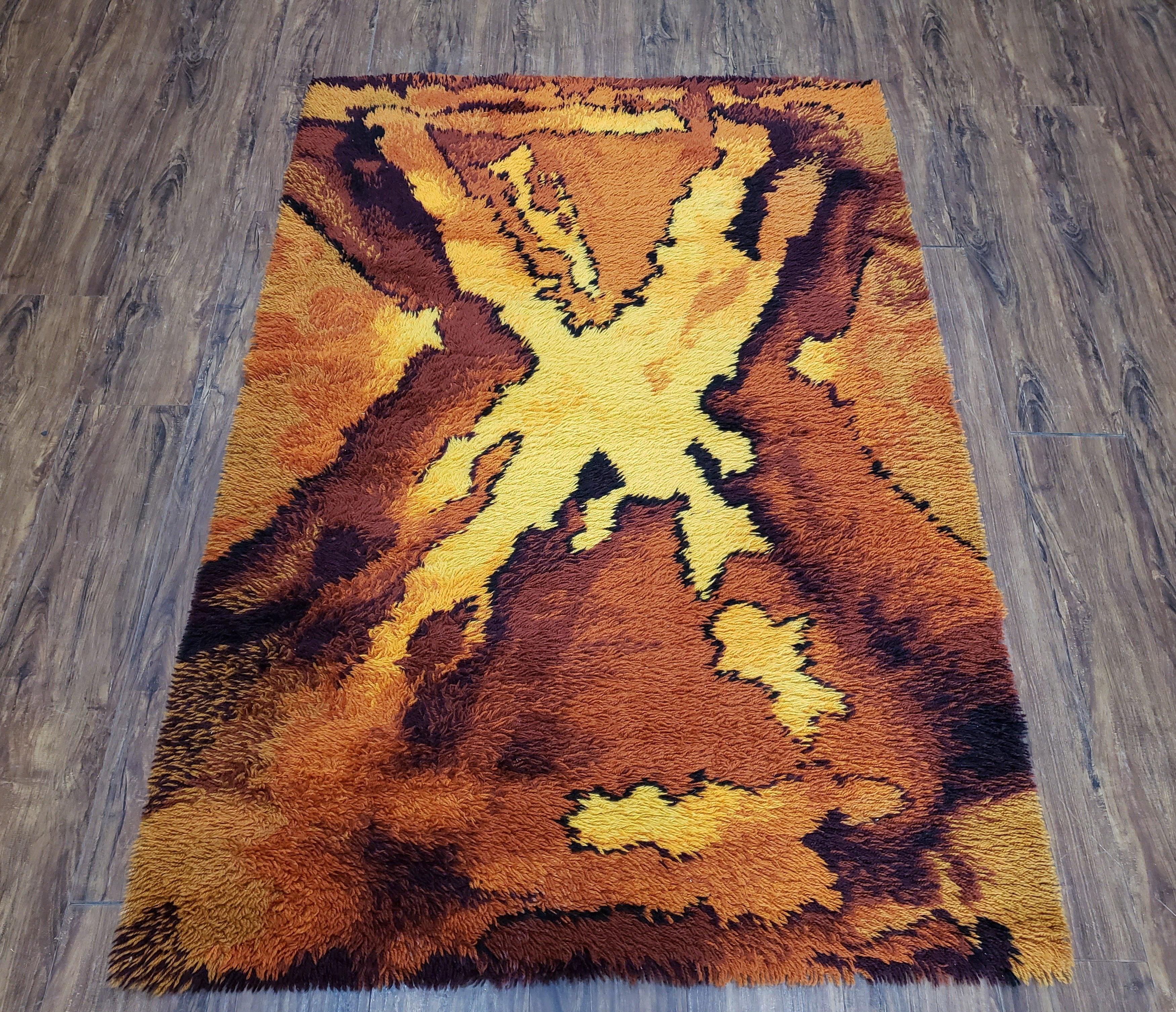 Mid Century Modern Shag Rug, Danish Rya Rug, 3.9 x 5.6 ft, Yellow Orange Maroon Shag Rug, Medium Size, 4x6 Shag Rugs, 1960s Abstract Rug - Jewel Rugs