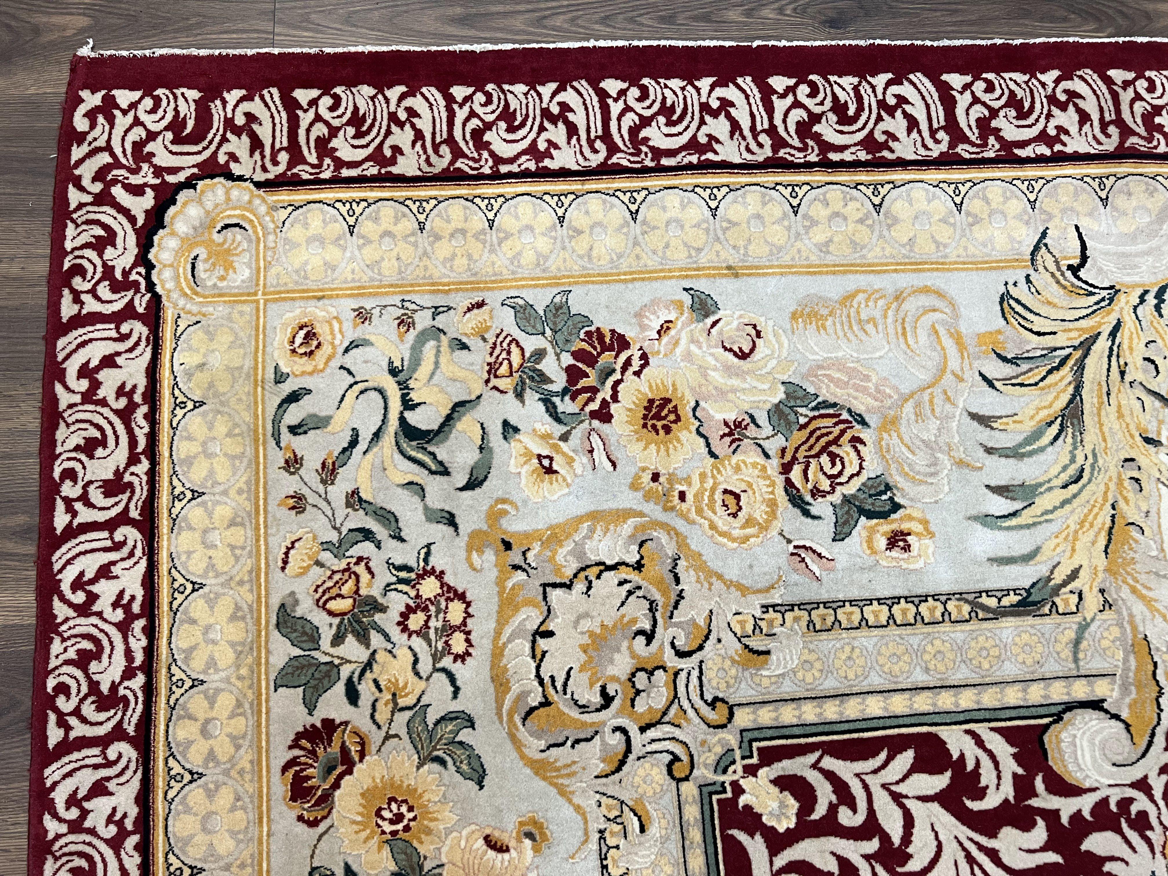 Aubusson Savonnerie Rug 9x12, Vintage French Aubusson Wool Carpet 9 x 12, Burgundy Light Blue Gold, Handmade with Pile Elegant Floral Rug - Jewel Rugs