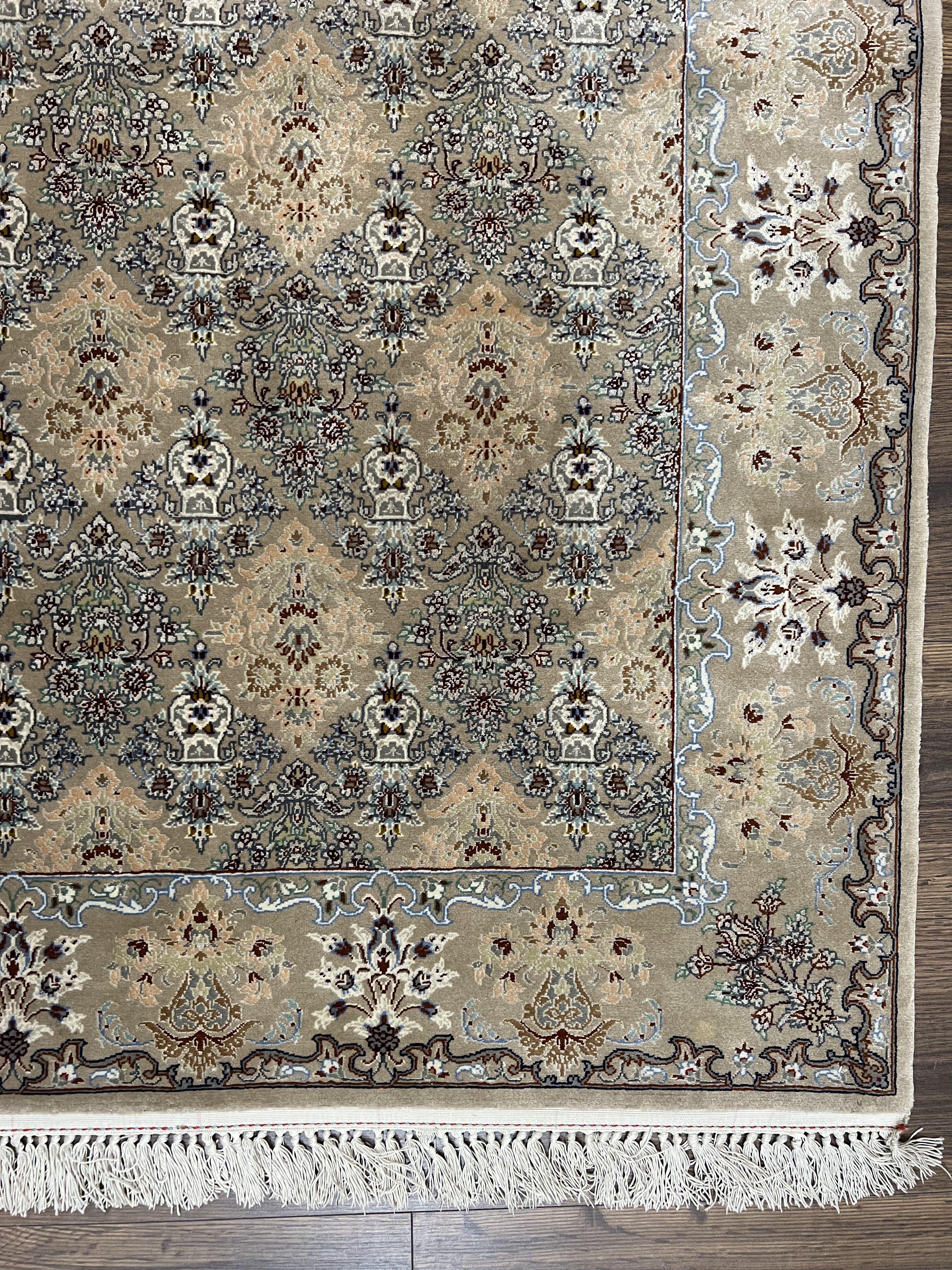 Super Fine Persian Isfahan Rug 3x5 ft, Kork Wool on Silk Foundation, Repeated Floral Motif, Taupe Tan Hand Knotted Oriental Carpet 3 x 5 ft, Signed - Jewel Rugs