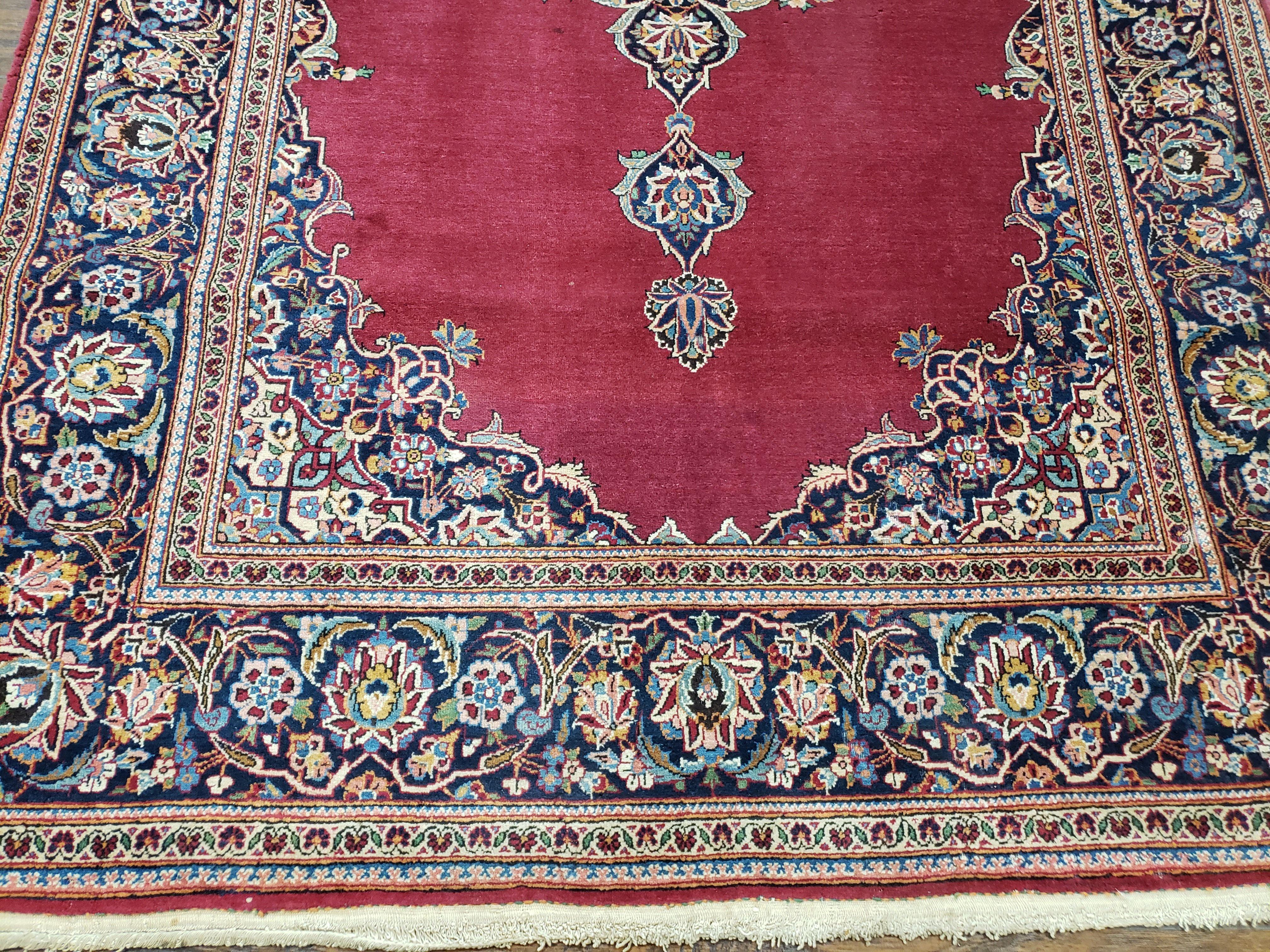 Semi Antique Persian Kashan Rug 4.5 x 7, Red and Navy Blue Persian Carpet, Medallion with Open Field, High Quality, Wool Hand Knotted Vintage Nice - Jewel Rugs