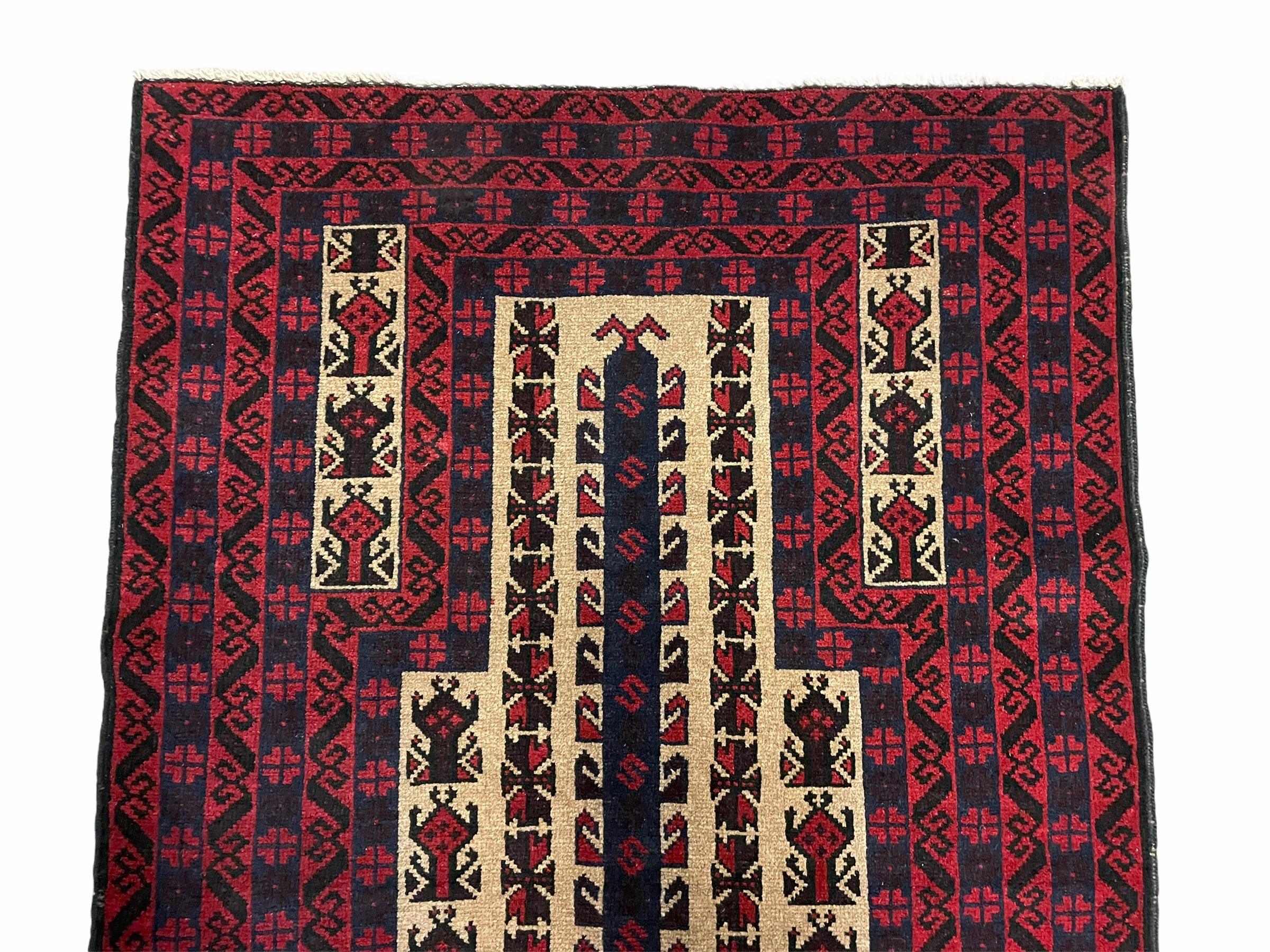 3x5 New Handmade Tribal Rug Afghan Rug Prayer Rug Balouch Wool Rug Red Black Tan - Jewel Rugs