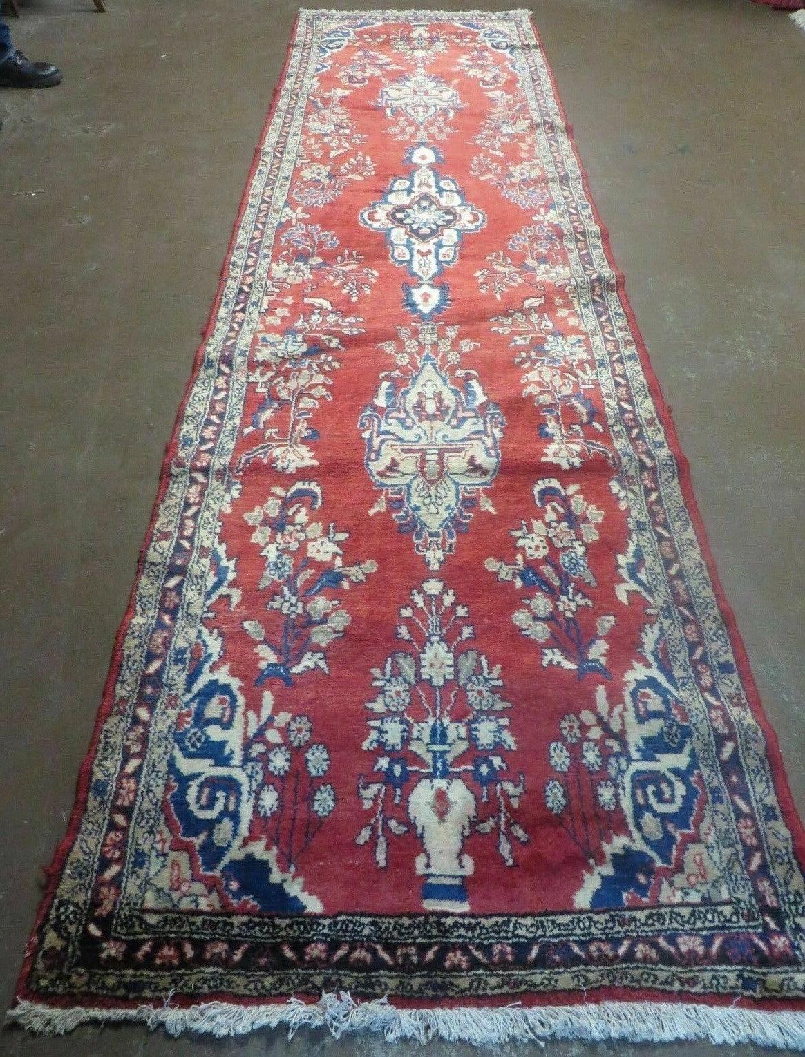 Persian Runner Rug 3 x 12, Persian Hamadan Runner, Antique Wool Oriental Tribal Runner, Floral Vases, Hand Knotted Hallway Kitchen Runner Rug, Red Navy Blue Cream - Jewel Rugs