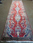 Persian Runner Rug 3 x 12, Persian Hamadan Runner, Antique Wool Oriental Tribal Runner, Floral Vases, Hand Knotted Hallway Kitchen Runner Rug, Red Navy Blue Cream - Jewel Rugs