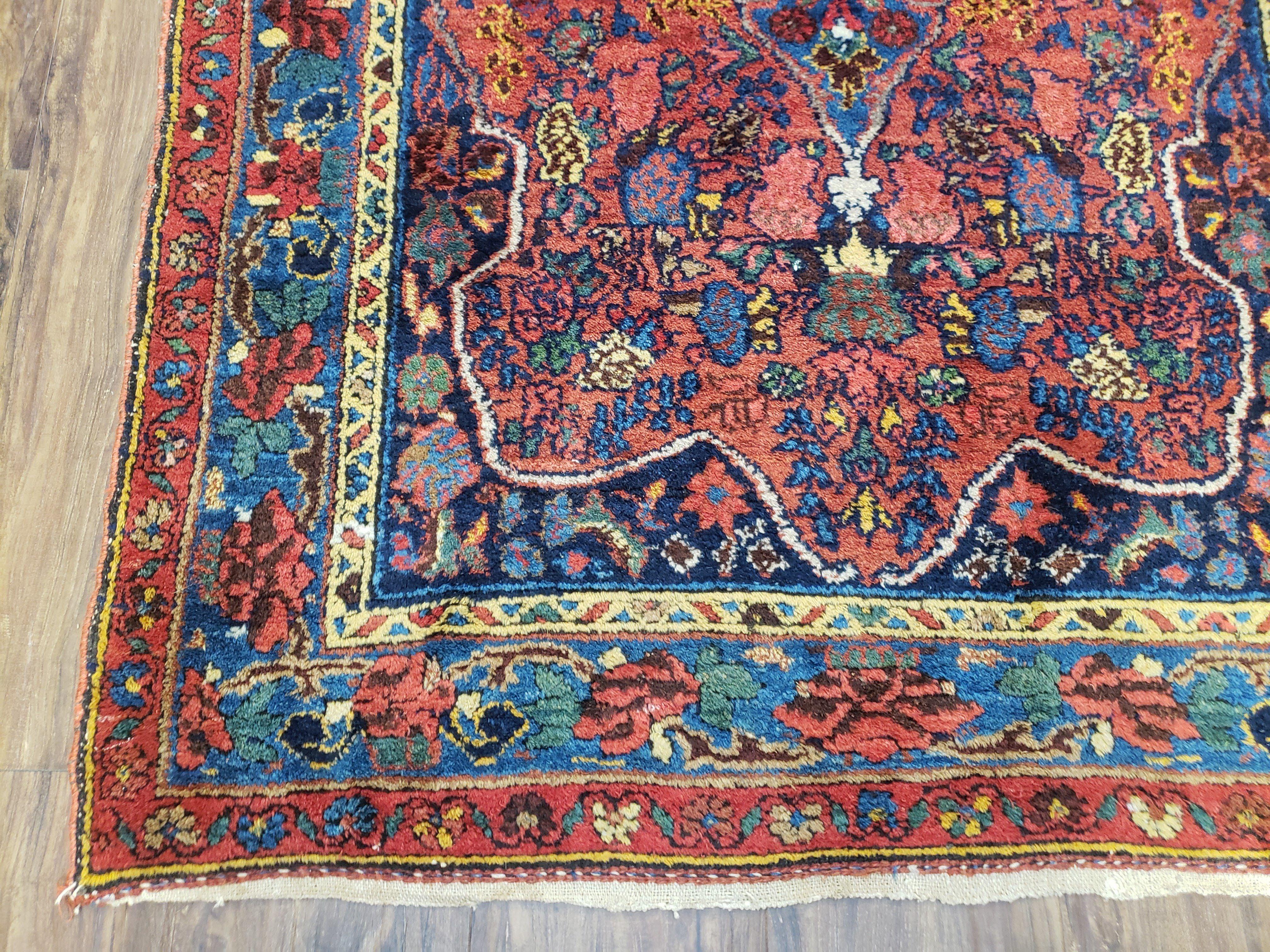 Antique Persian Bijar Rug, Red and Blue, Hand-Knotted, Wool, 3'8" x 5' 4" - Jewel Rugs