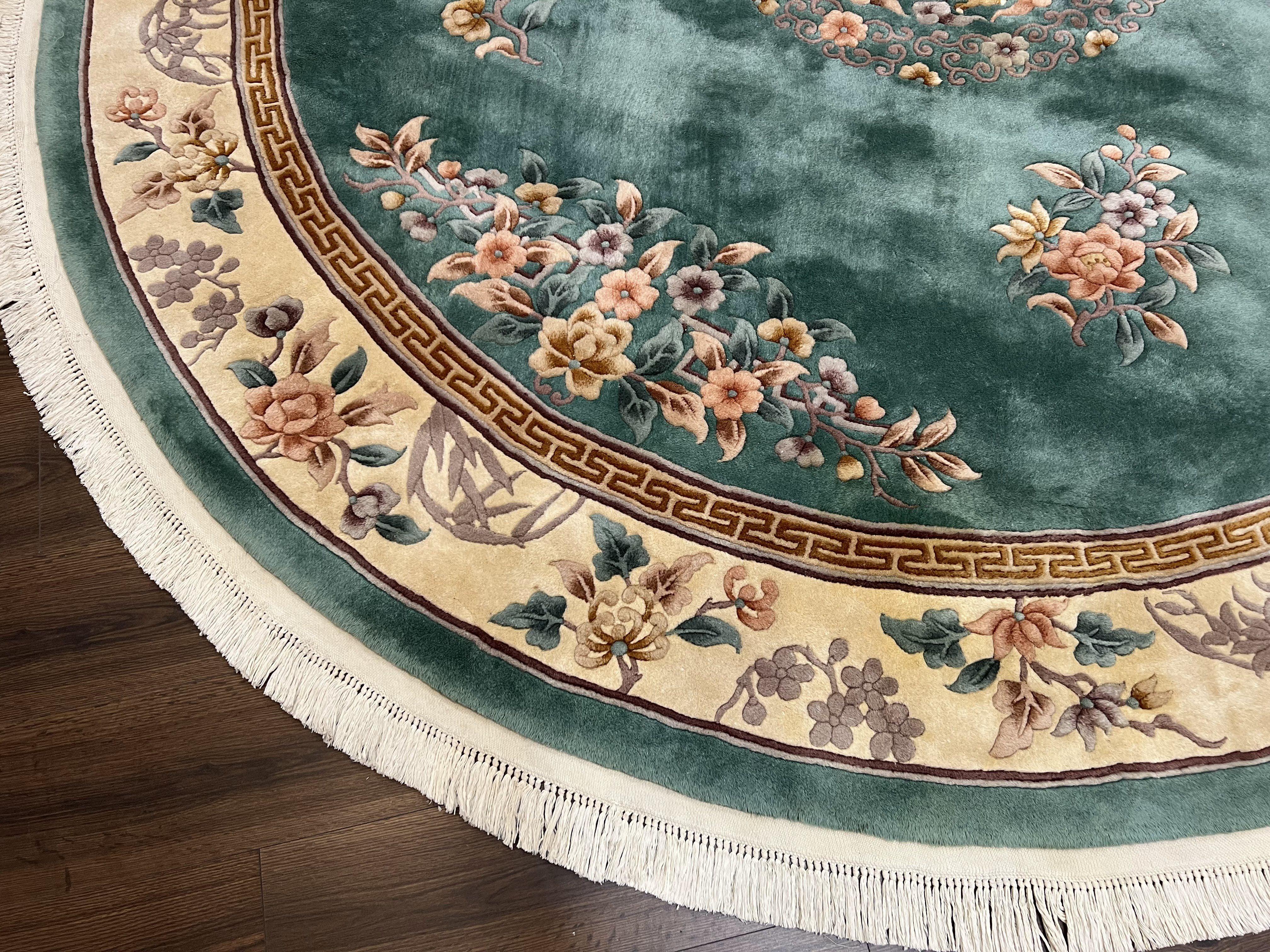 9ft Round Chinese Wool Rug, Vintage 1960s Chinese Dragon Carpet, 9x9 Round Rug, Green and Cream Floral Rug, Soft Plush Pile 90 Line Floral - Jewel Rugs