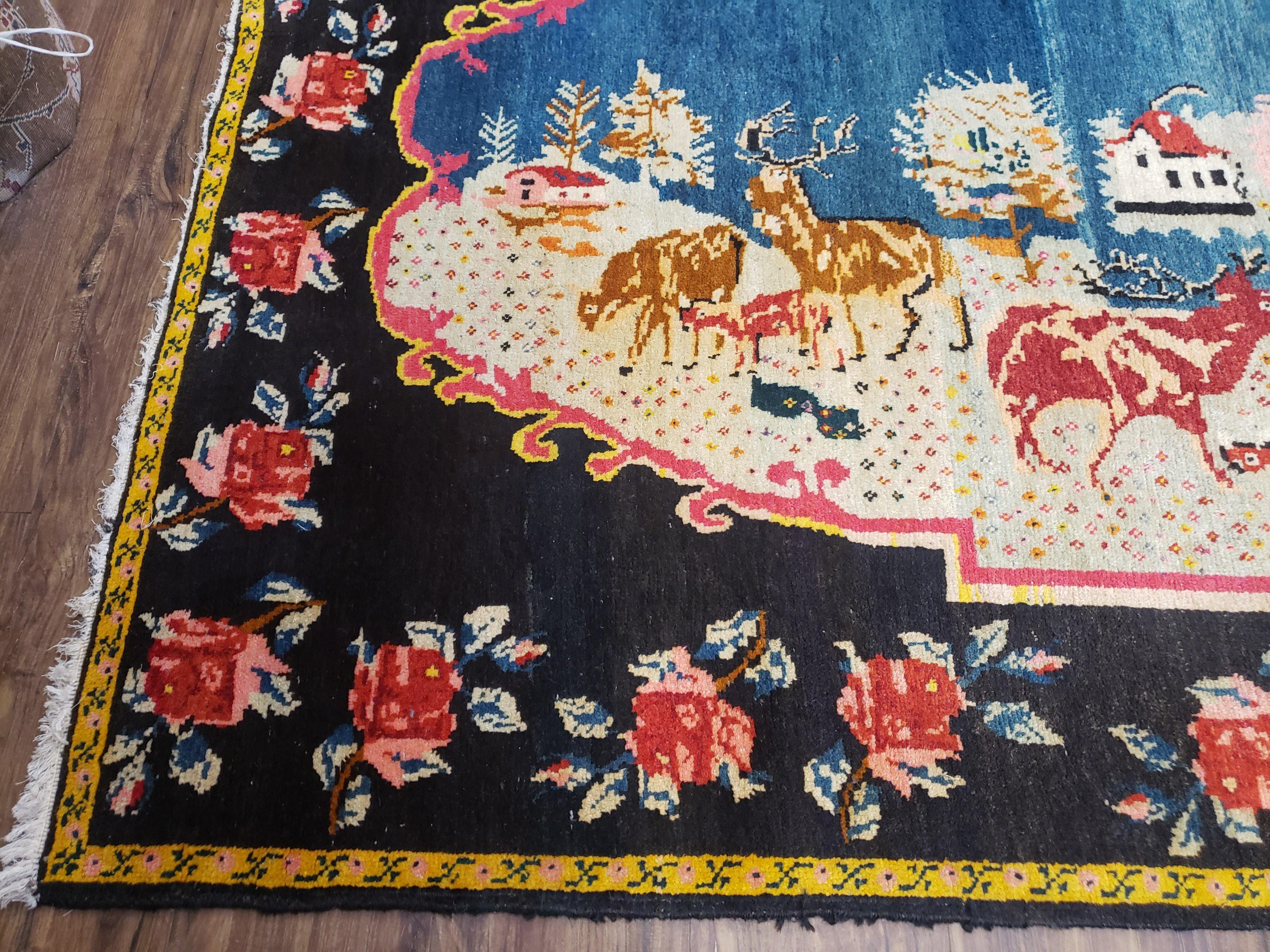 Antique Persian Pictorial Rug 4'6" x 9', Wool Hand-Knotted Blue Roses Karabagh Caucasian Carpet, 1920s Girl Deer Tapestry Wall Hanging Rug - Jewel Rugs