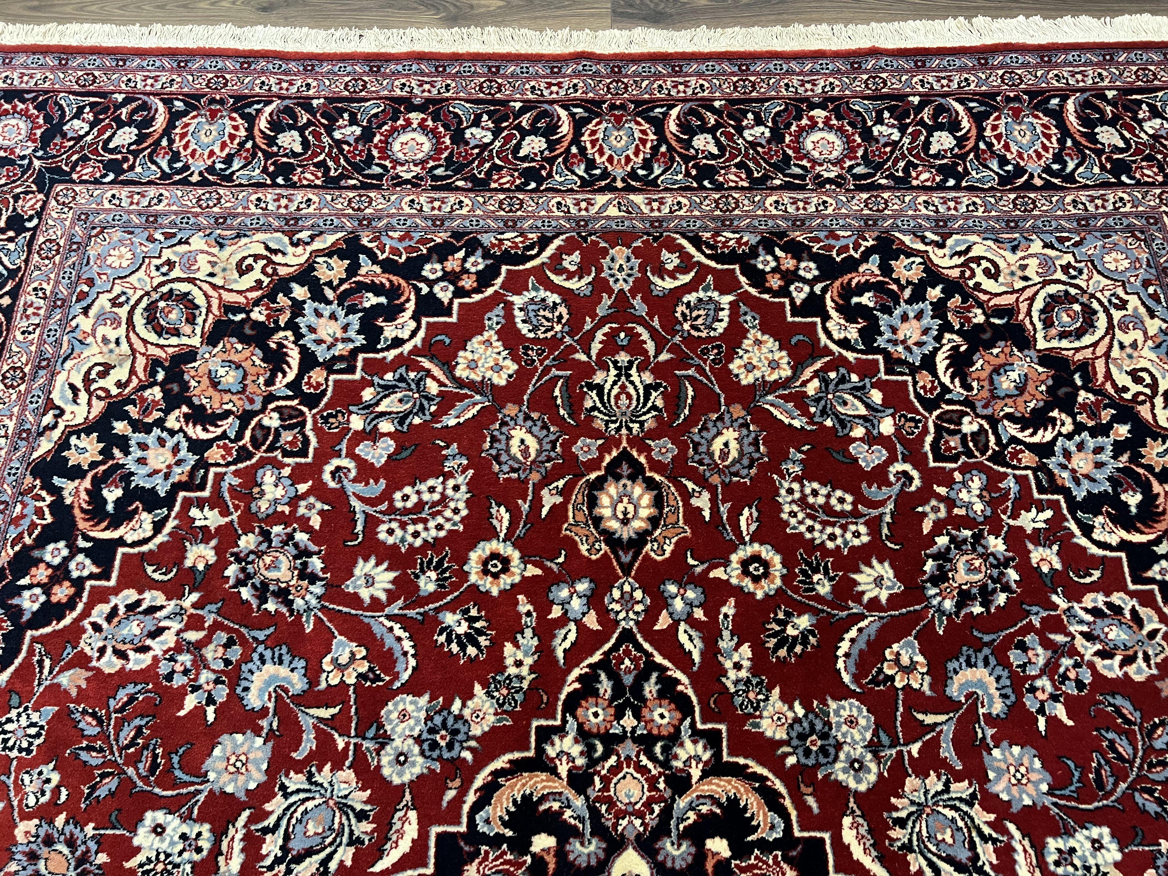 Pak Persian Rug 8x10, Vintage Pakistani Oriental Rug, Maroon Dark Blue Cream, Handmade Wool Carpet 8 x 10, Allover Floral Medallion Fine Rug - Jewel Rugs