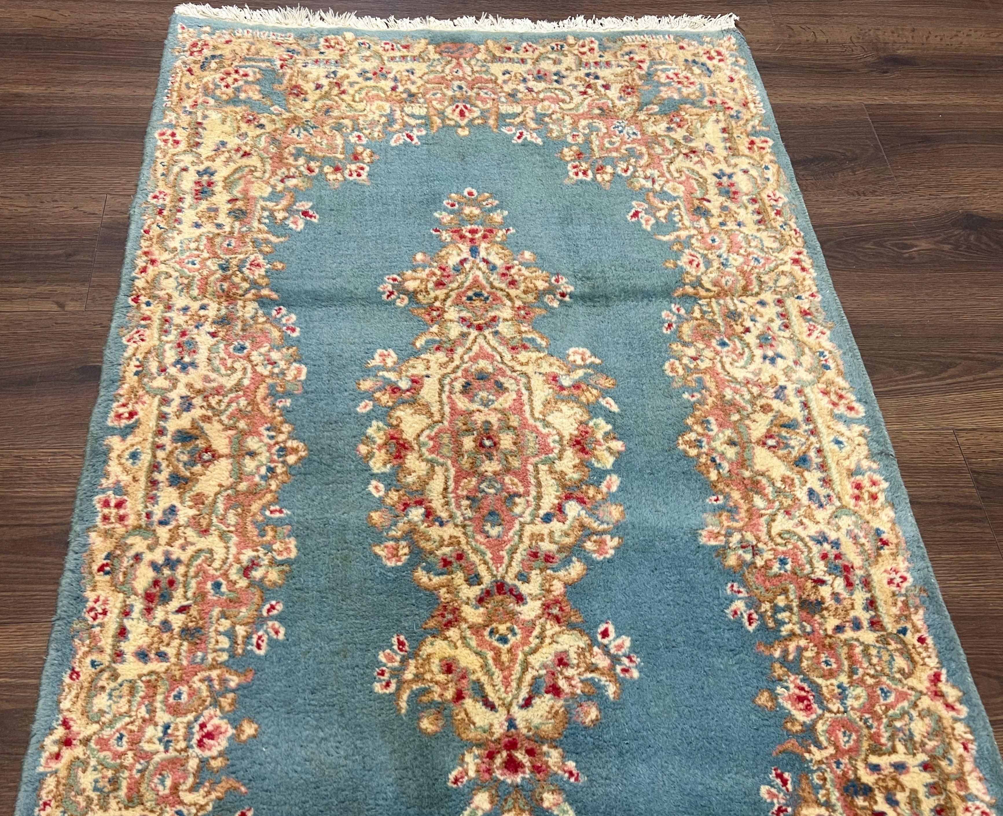 Persian Kirman Rug 3x5, Oriental Persian Carpet 3 x 5, Wool Vintage Hand-Knotted Rug Floral Medallion Semi Open Field Small Light Blue Beige - Jewel Rugs