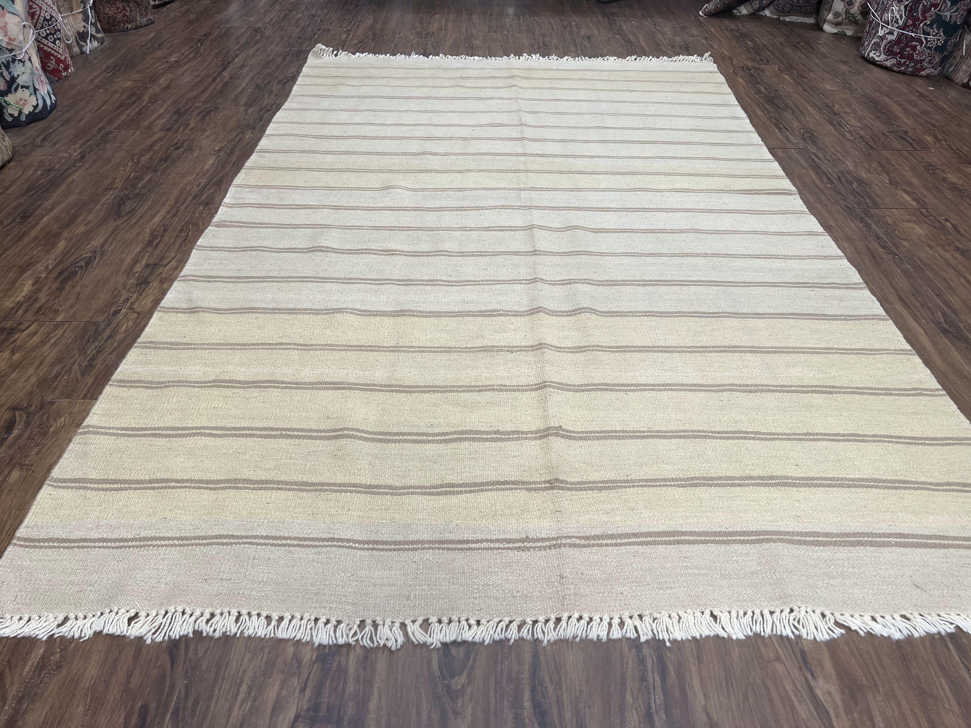 New Turkish Kilim Rug 5x8 Flatweave Carpet, Bohemian Rug, Contemporary Rug, Hand Woven, Wool Area Rug, Gray and Taupe, Striped Pattern - Jewel Rugs