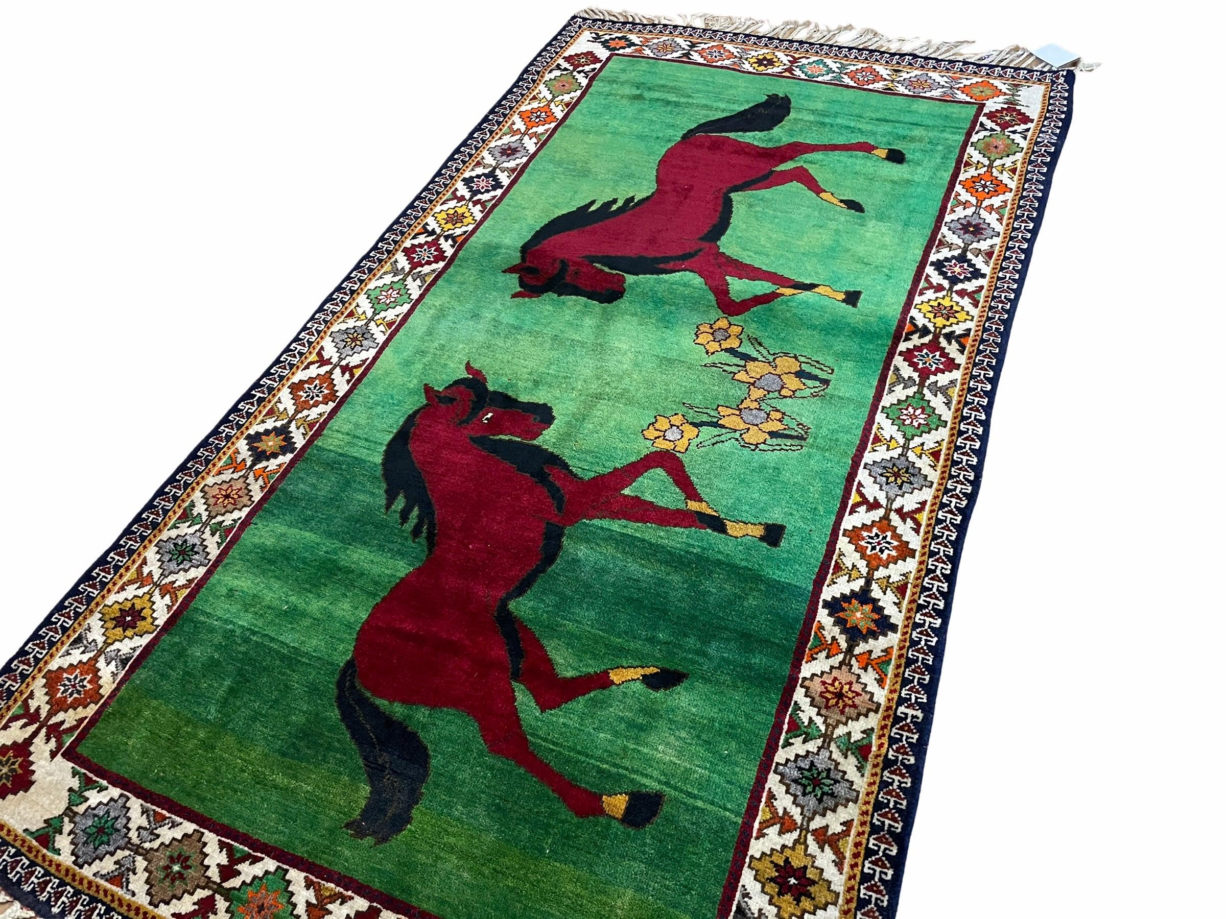 4 X 7 Handmade Rug Zagros Quality Wool Pictorial Horses Green Butterfly Colorful - Jewel Rugs