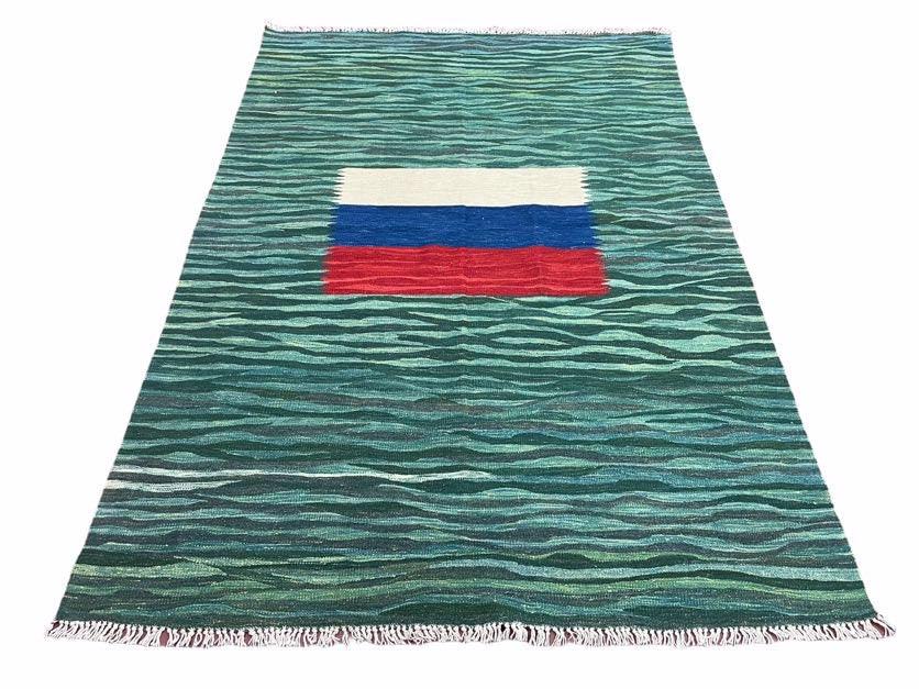 Sea Green Kilim Area Rug, White Blue Red Stripes, Russian Flag Rug, Flatweave Hand Knotted Carpet, Turkish Carpet, Wool, New, 5' 6" x 7' 10" - Jewel Rugs