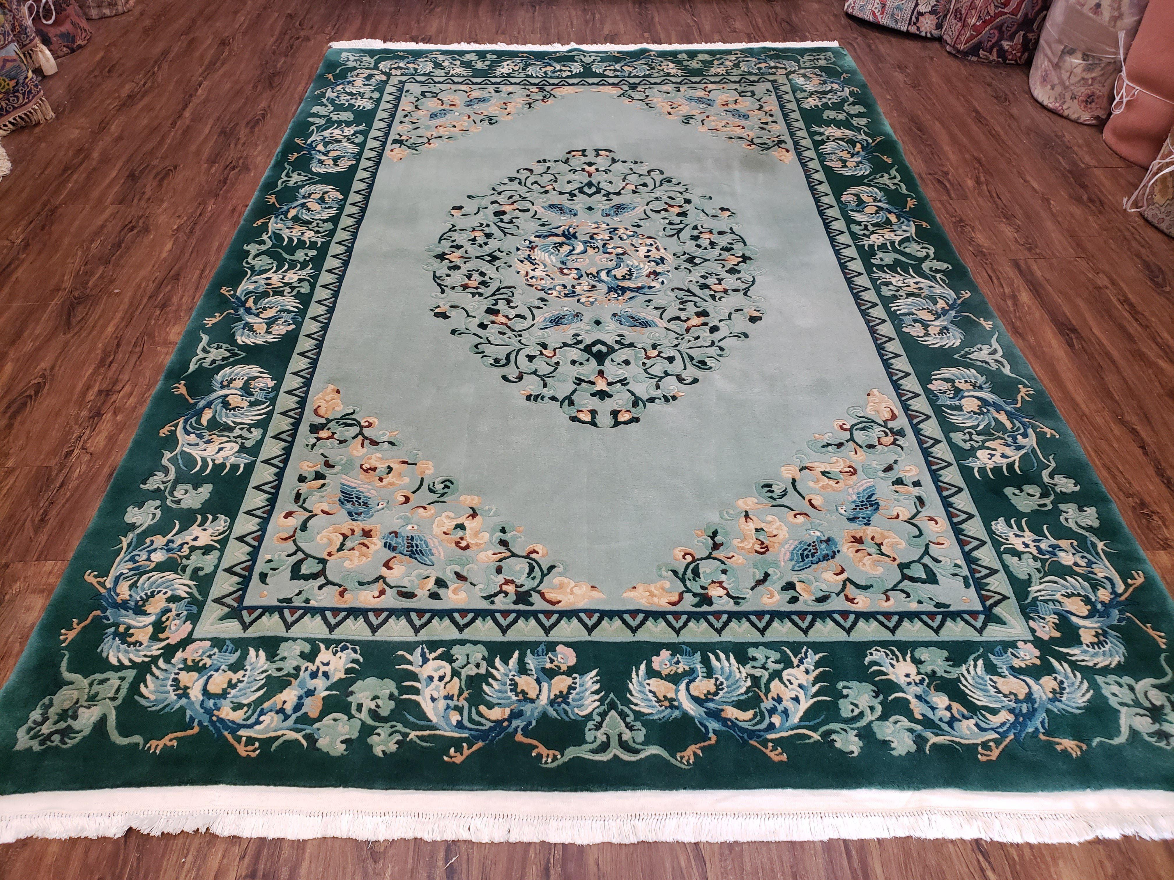 Vintage Chinese Art Deco Area Rug 6 x 9, Wool Hand-Knotted Light Teal Oriental Carpet, 6x8 - 6x9 Nichols 1950s Rug, Birds Phoenix, Pair B - Jewel Rugs