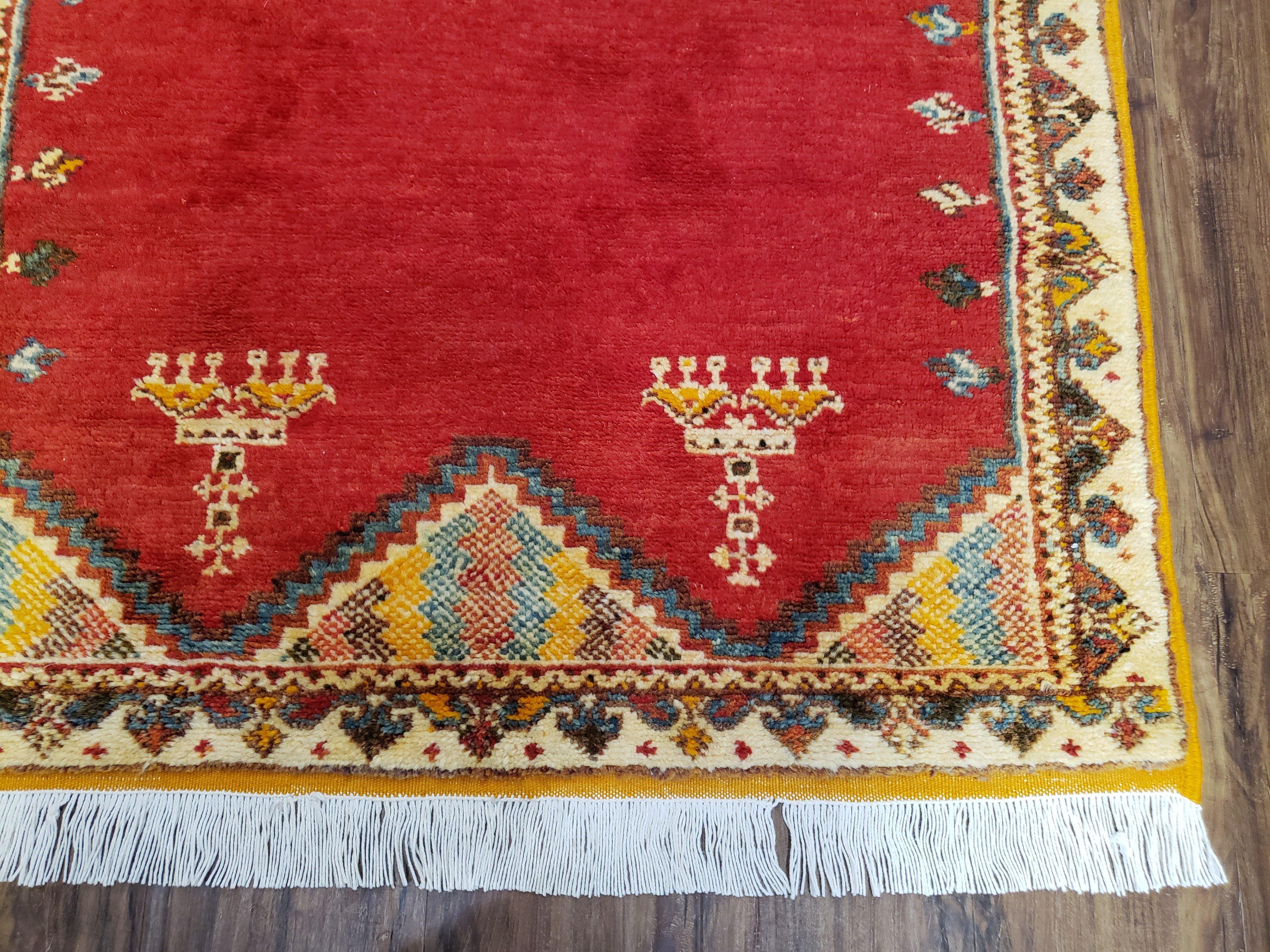 Vintage Moroccan Area Rug, Bright Red Hand-Knotted Wool Carpet, Medallion Area Rug, 4x6 Carpet, Office Room Rug, 3'4" x 6'4" - Jewel Rugs