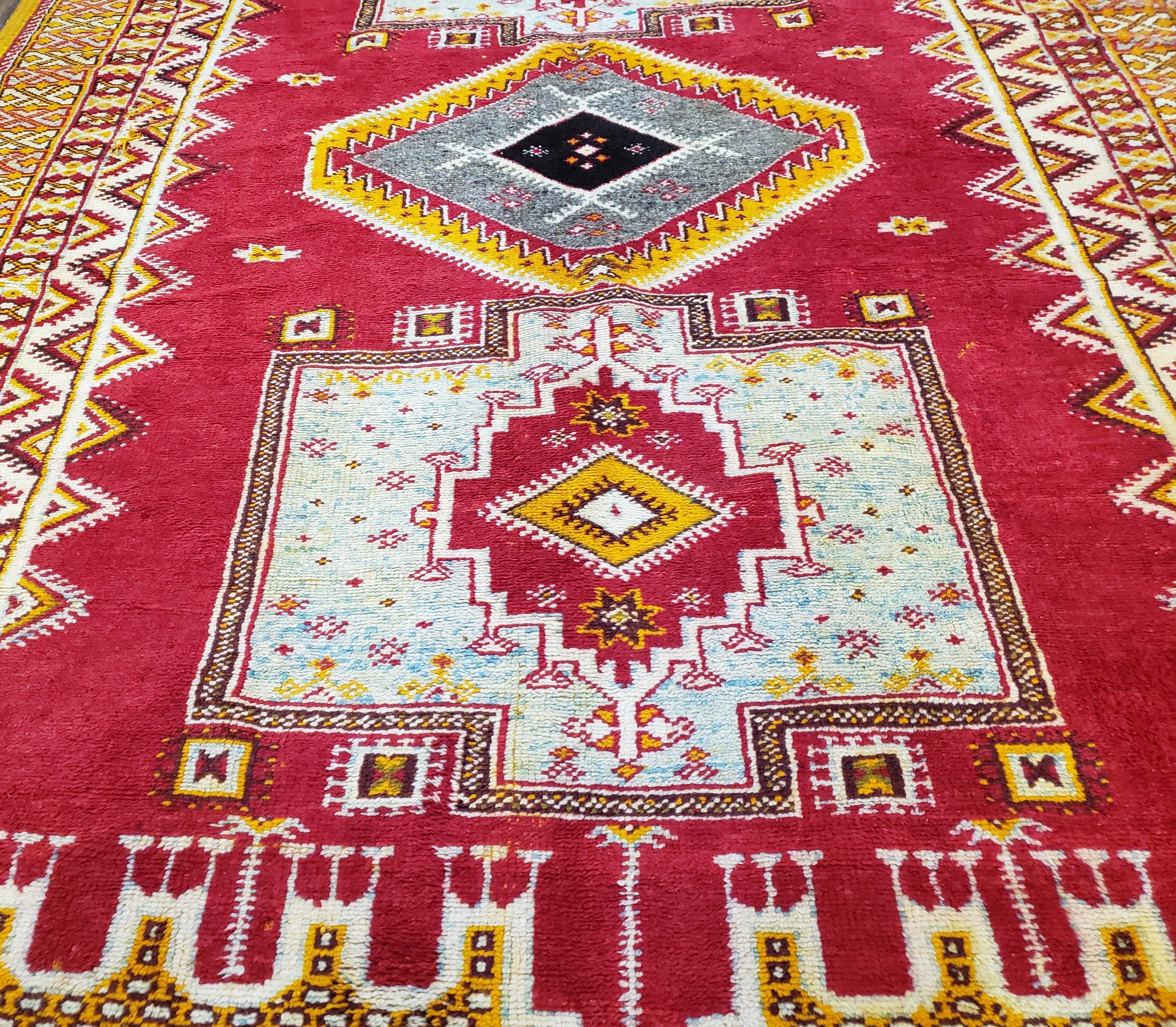 Vintage Moroccan Rug 6x10, Red and Yellow Moroccan Carpet, Handmade Bohemian Tribal Area Rug, Hand-Knotted 1970s Wool Rug, Medalions - Jewel Rugs