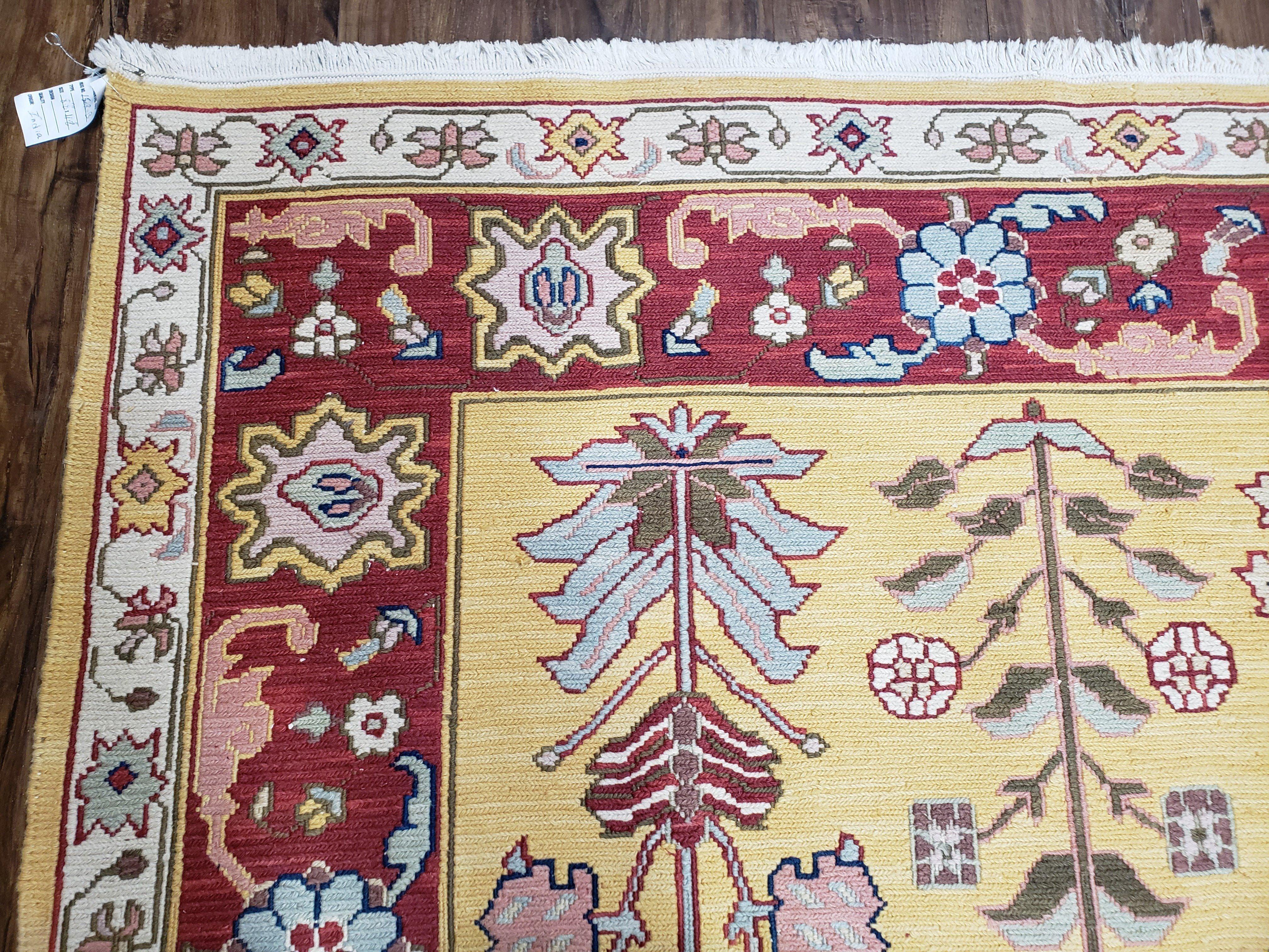 Vintage Indian Soumak Area Rug 9x12, Wool Hand-Woven Yellow Red Large Boho Carpet, Indian Bohemian Style Rug, 9 x 12 Rug - Jewel Rugs