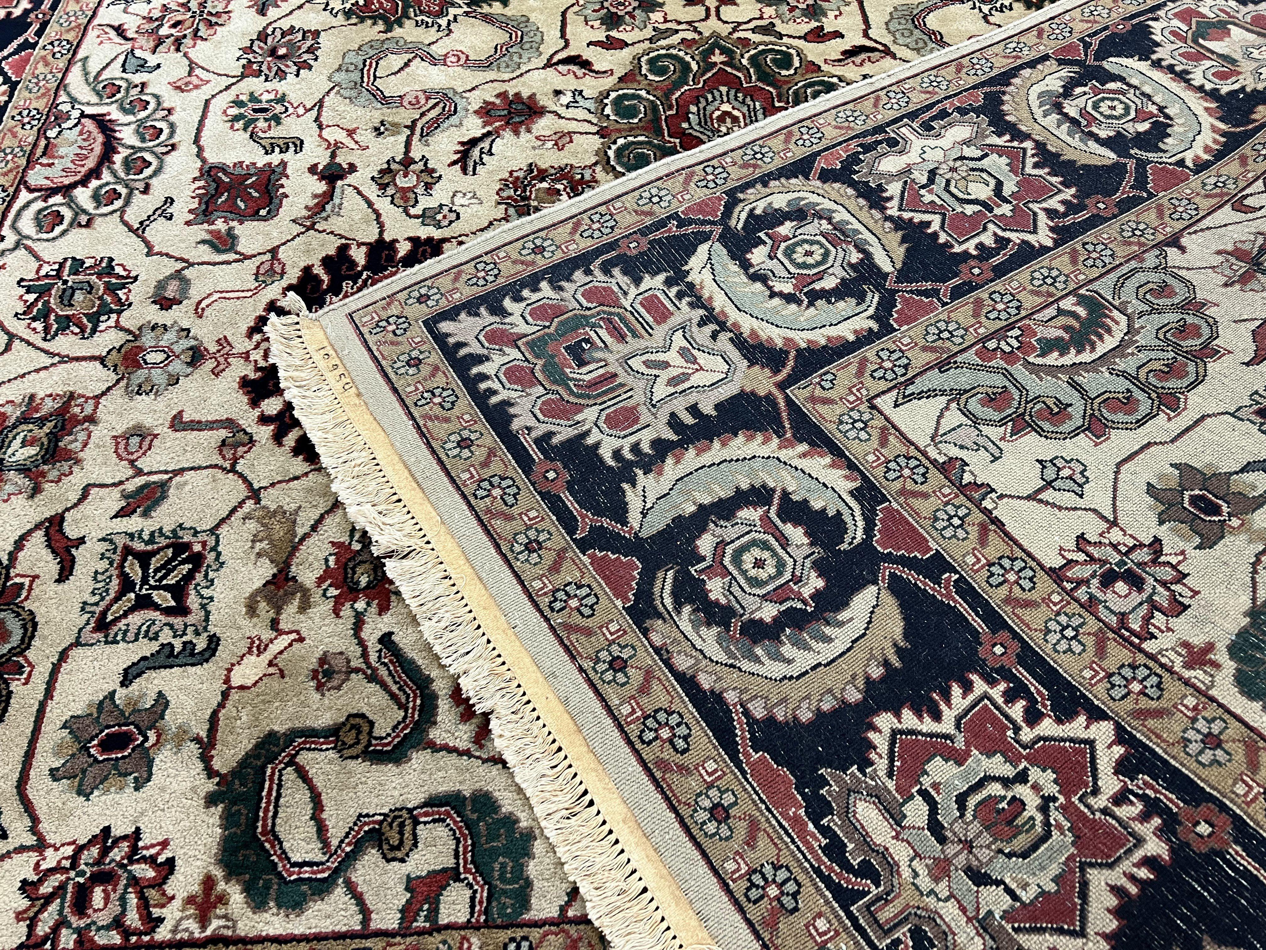 Indo Mahal Rug 8.8 x 12, Vintage Indo Persian Carpet, Cream Black, Allover Floral Design, Shah Abbas Flowers, Handmade, Wool Oriental Rug - Jewel Rugs