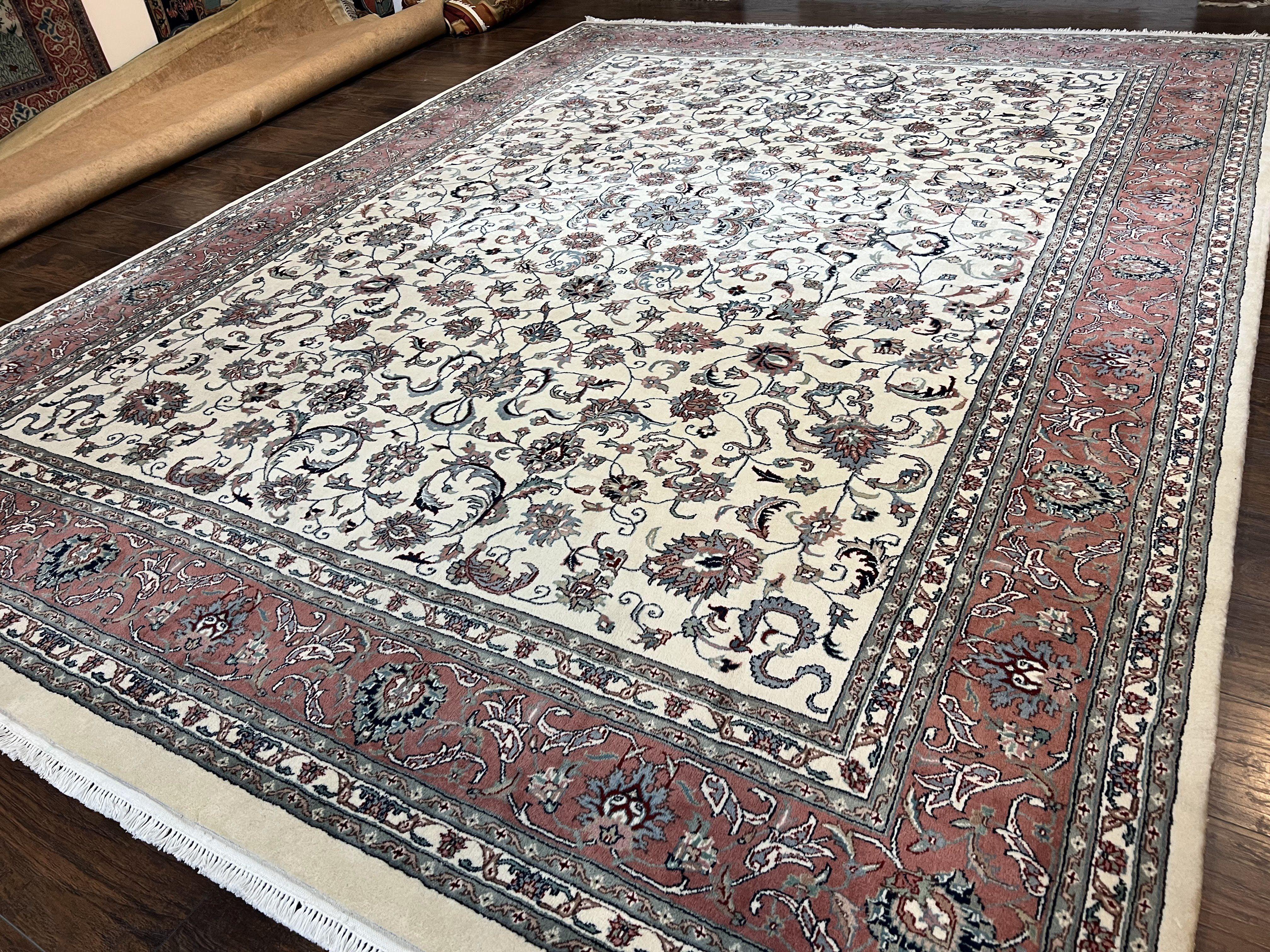 Indo Persian Rug 9x12, Persian Design Carpet, Room Sized Traditional Oriental Rug 9 x 12, Allover Floral Pattern, Cream and Red, Handmade - Jewel Rugs