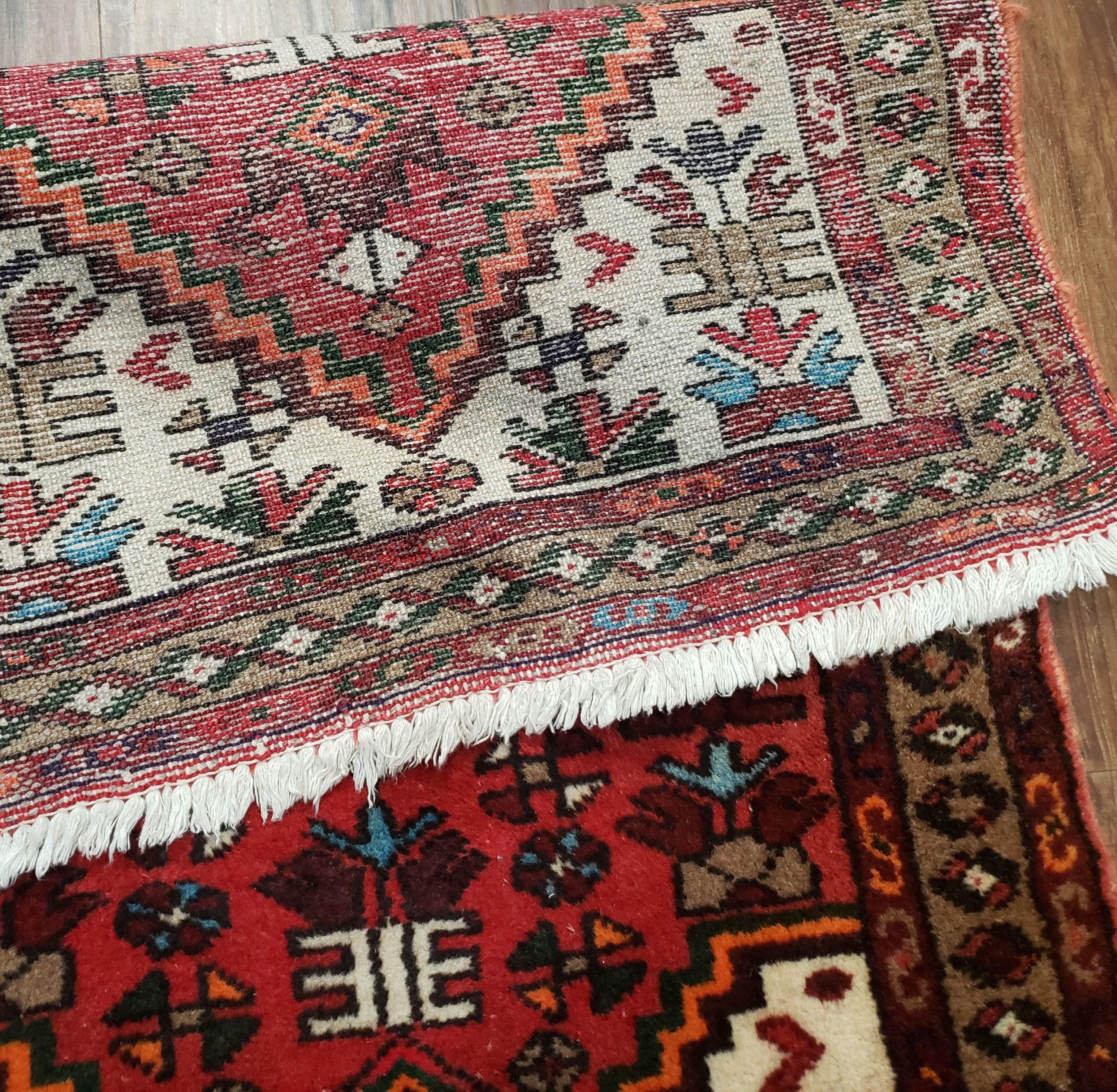 Small Antique Persian Hamadan Rug 2x4, Tribal, Hand-Knotted, Wool, Red & Ivory - Jewel Rugs