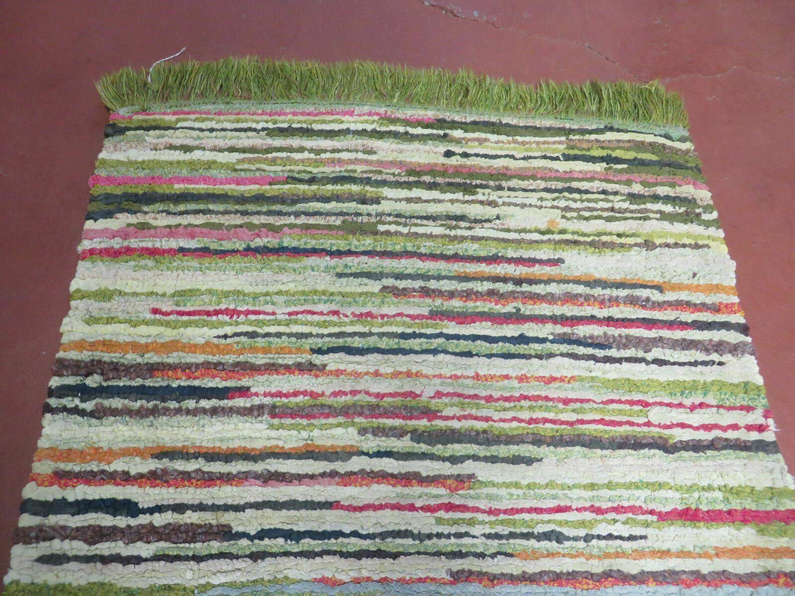 2' X 6' Vintage Hand Loomed Cotton Stripe Runner Rug Natural Dyes Braided Rag Nice - Jewel Rugs