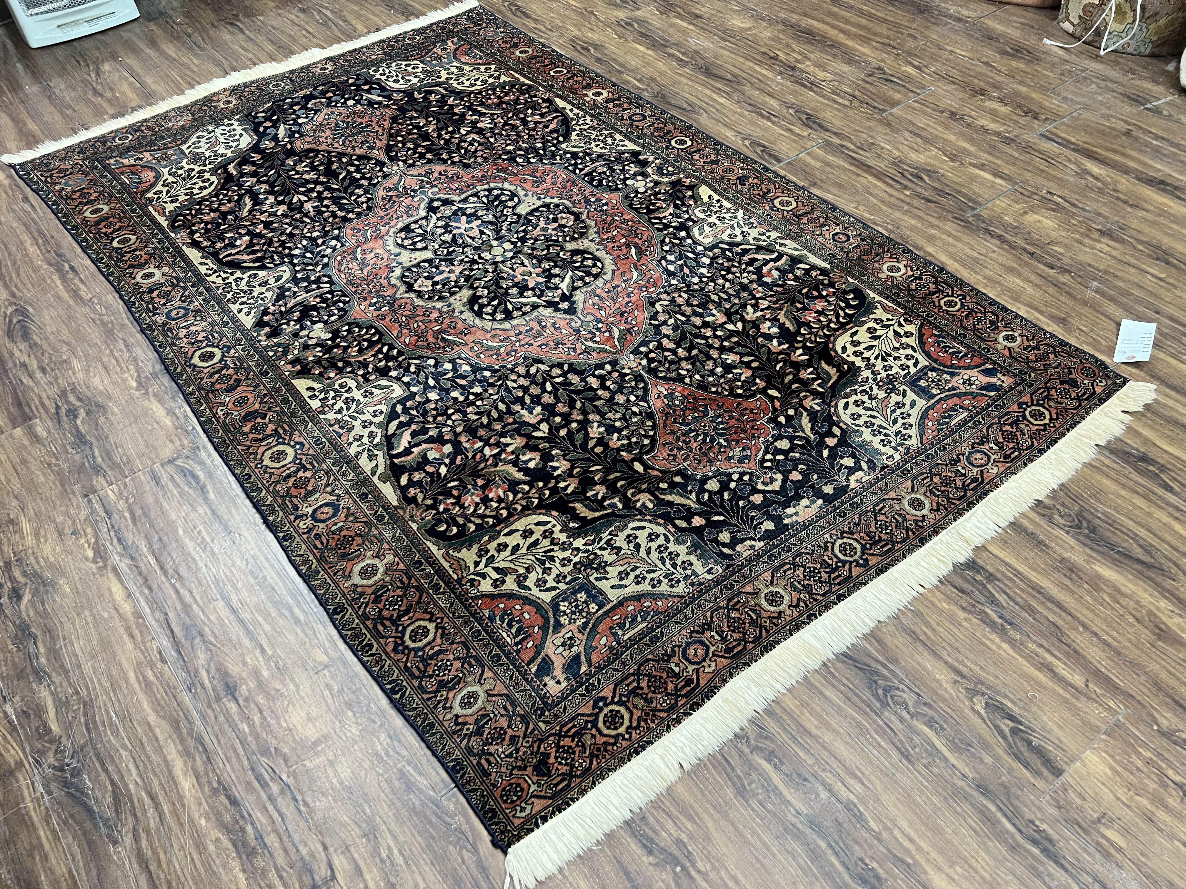 Antique Persian Sarouk Farahan Rug 4.4 x 6.7, Collectible Persian Carpet, Very Fine 1880s Late 19th Century Rug, Floral Medallion, Black Red Oriental Rug - Jewel Rugs