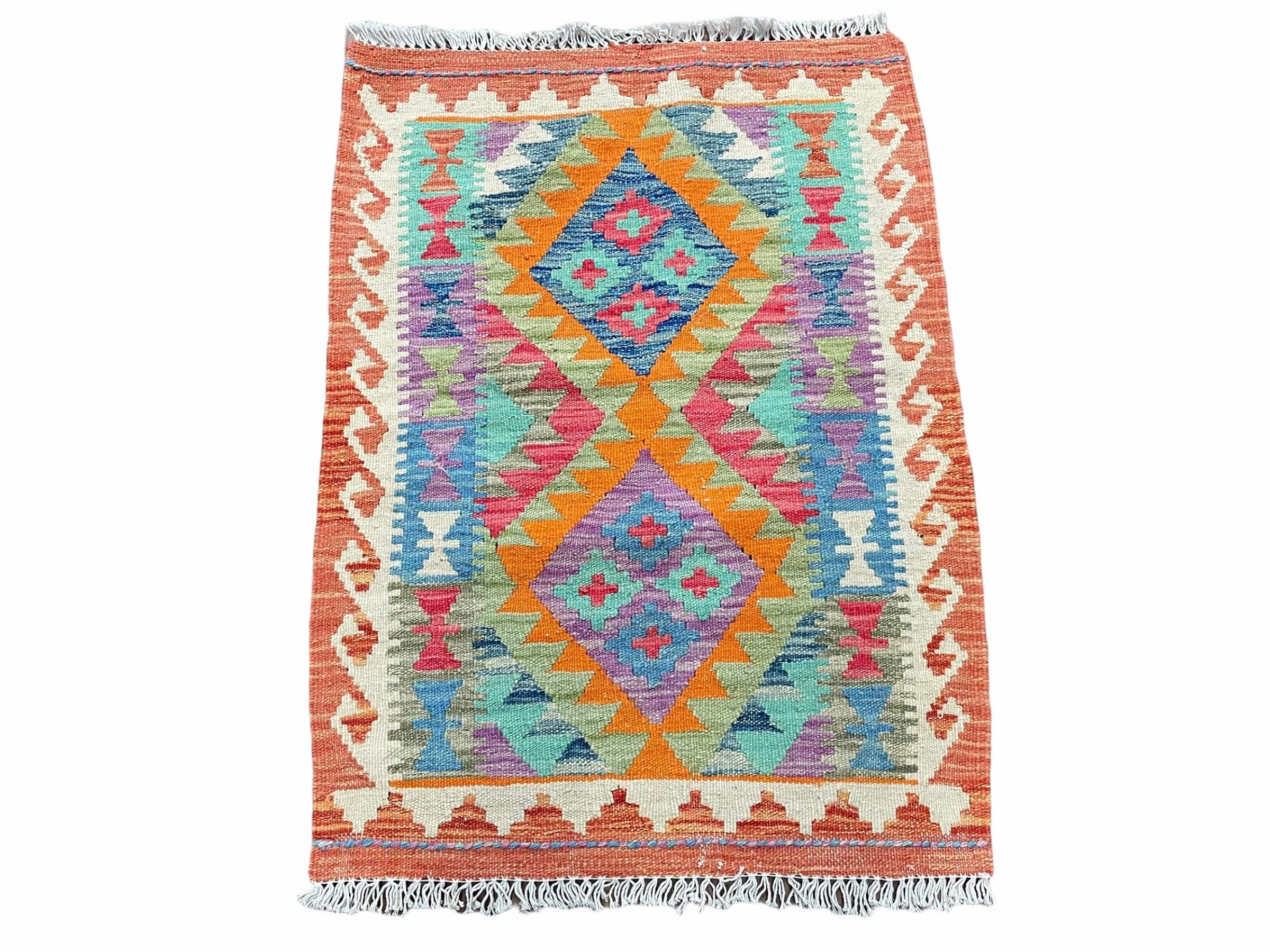 2x3 Kilim Rug 3x2 Colorful Kilim Rug Small Turkish Multicolor Kilim Rug Diamond Zigzag Kilim Rug Bright Playroom Rug New - Jewel Rugs