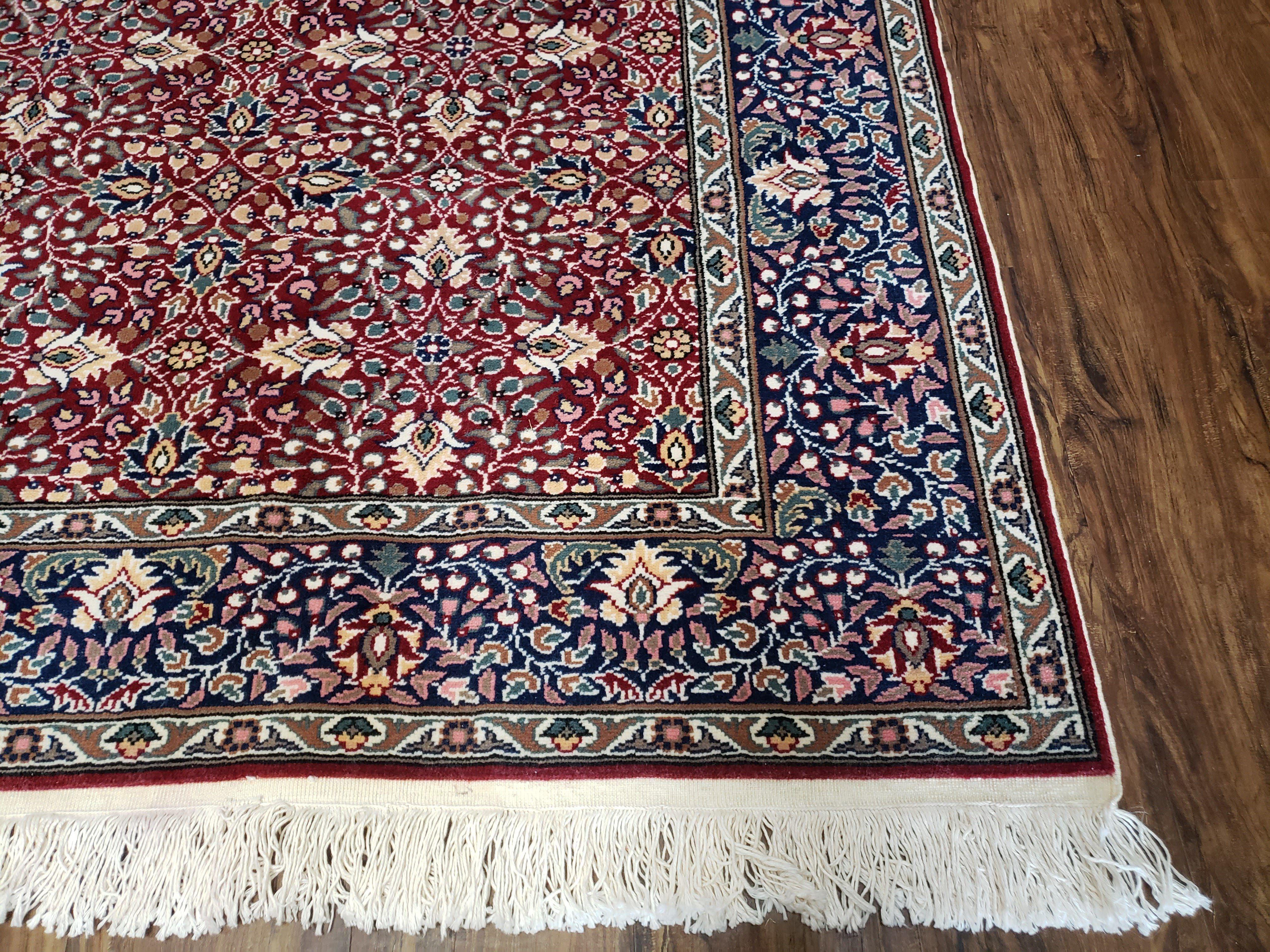 Vintage Turkish Sivas Area Rug 6.5 x 9.5, Wool Hand-Knotted Red & Midnight Blue Allover Floral Pattern Oriental Carpet, 6x9 Traditional Rug - Jewel Rugs