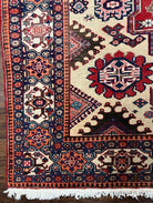 Antique Persian Heriz Rug 8x12 ft, Geometric Tribal Room Sized Carpet, Camel Hair Red Navy Blue, Wool Hand Knotted Medallion Oriental Carpet - Jewel Rugs