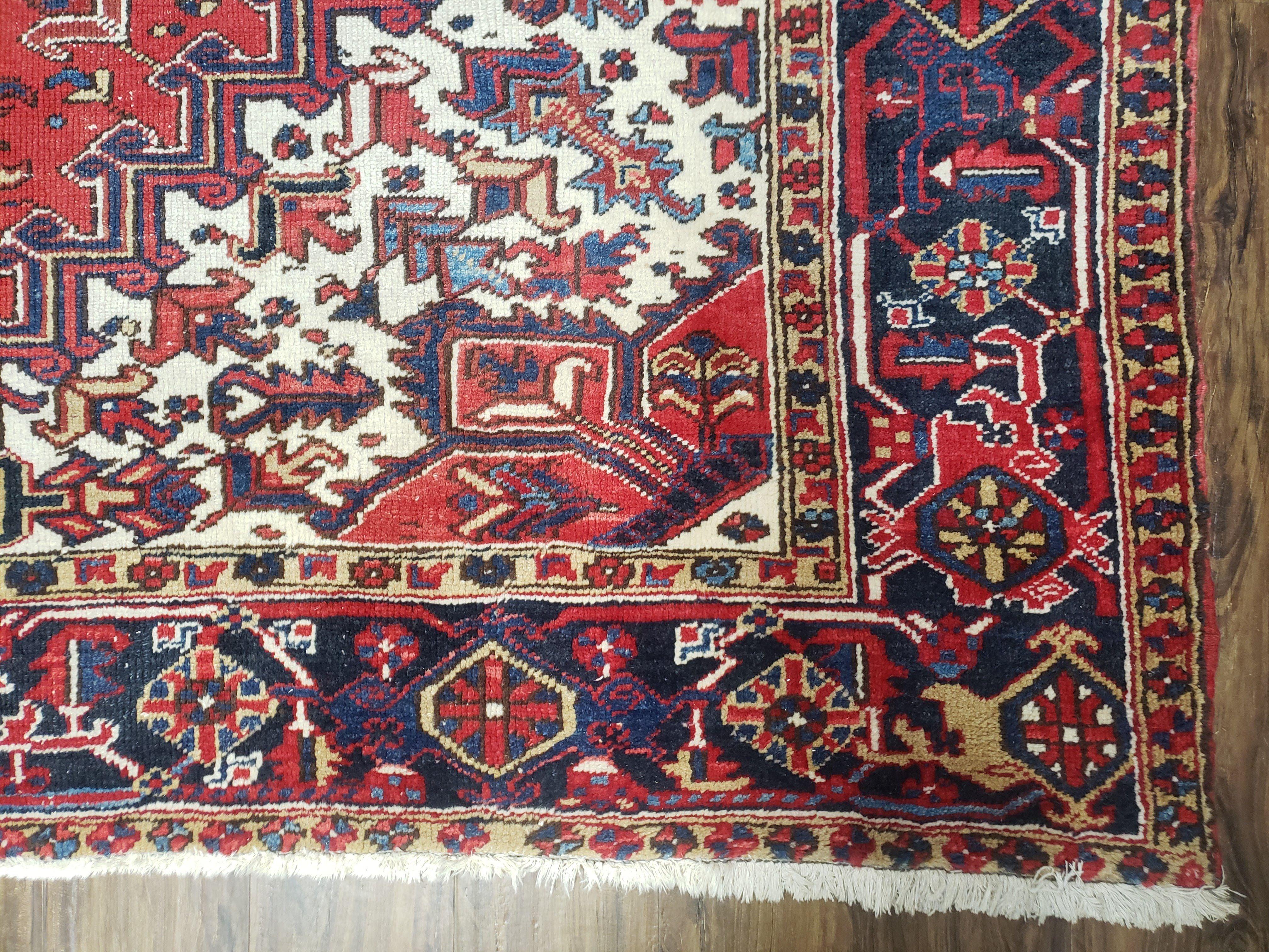 Semi Antique Persian Heriz Rug, Red Ivory & Blue, Hand-Knotted, Wool, 8'4" x 10'8" - Jewel Rugs