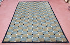 Vintage Modern Tibetan Area Rug 5 x 7.8, Soft Wool Hand-Knotted Checkerboard Pattern Blue & Taupe Nepali Carpet, 5x7 - 5x8 Playroom Rug - Jewel Rugs