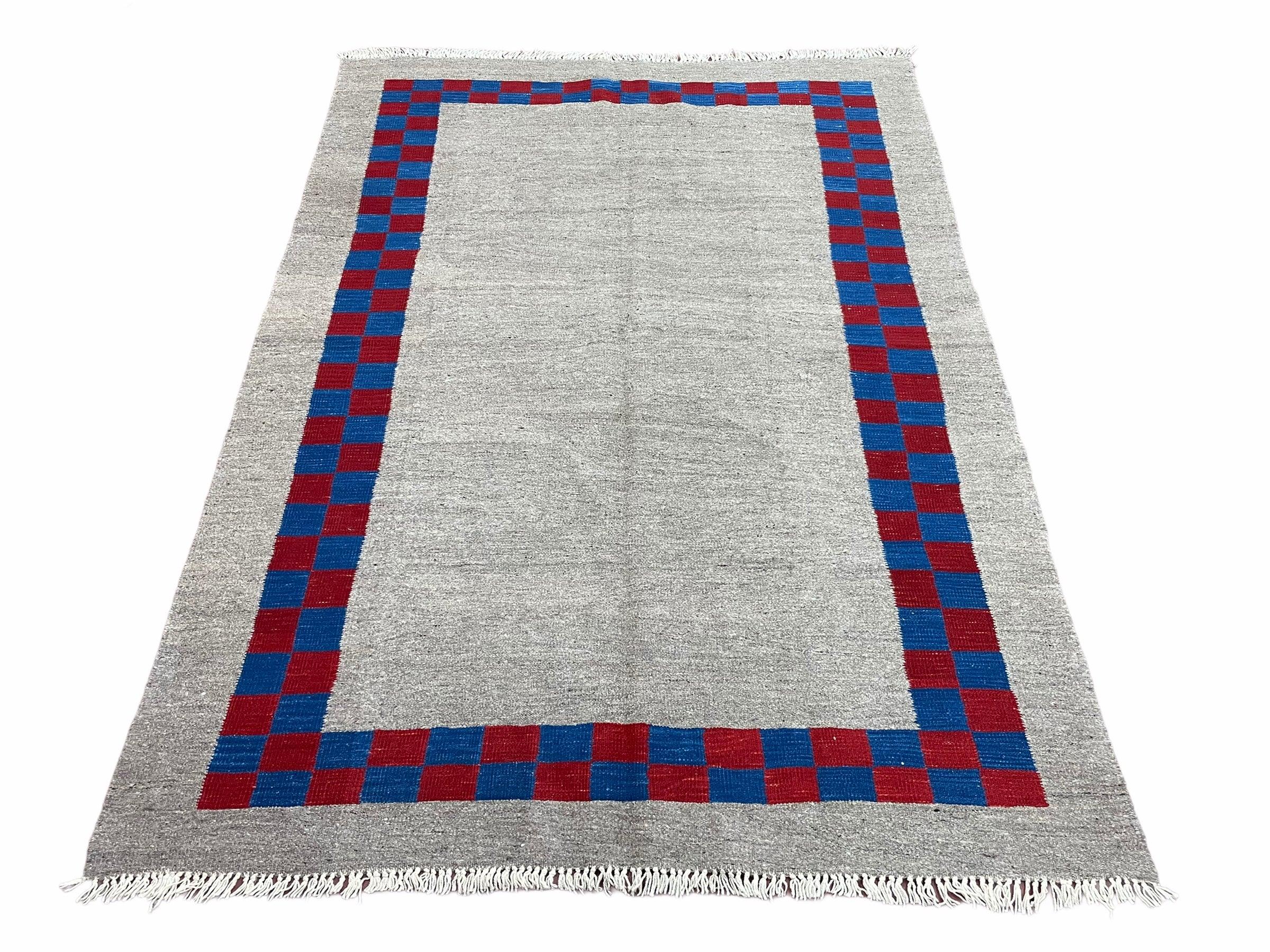 Gray Turkish Kilim Carpet 5' 7" x 7' 7", Medium Kilim Rug, Hand-Knotted, Blue & Red Border, Minimalistic Design, Geometric, Wool, New - Jewel Rugs