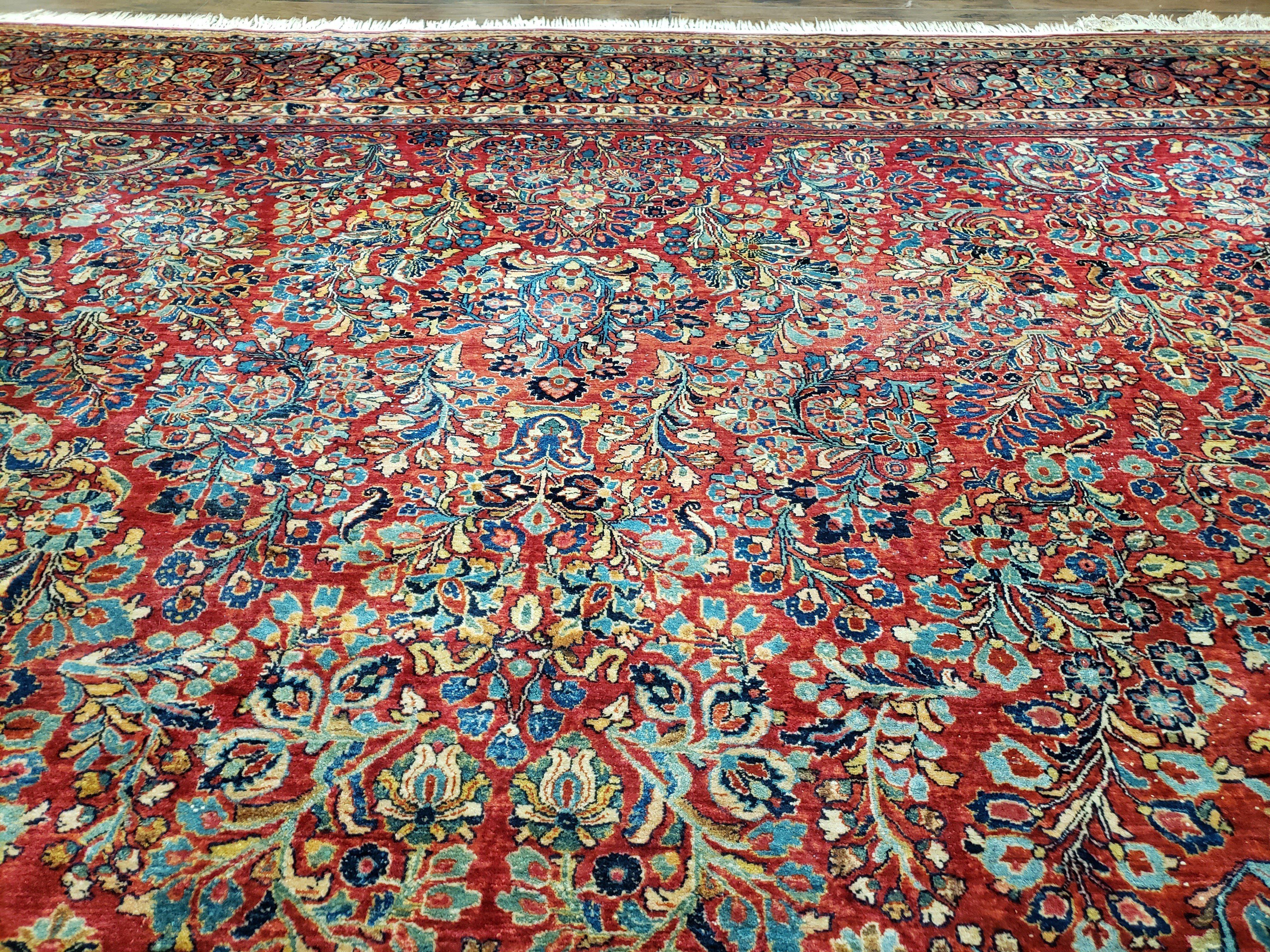 Stunning Semi Antique Palace Sized Persian Sarouk Rug, Hand-Knotted, Red and Dark Blue, Floral Allover, Wool, 14' x 17' 9" - Jewel Rugs