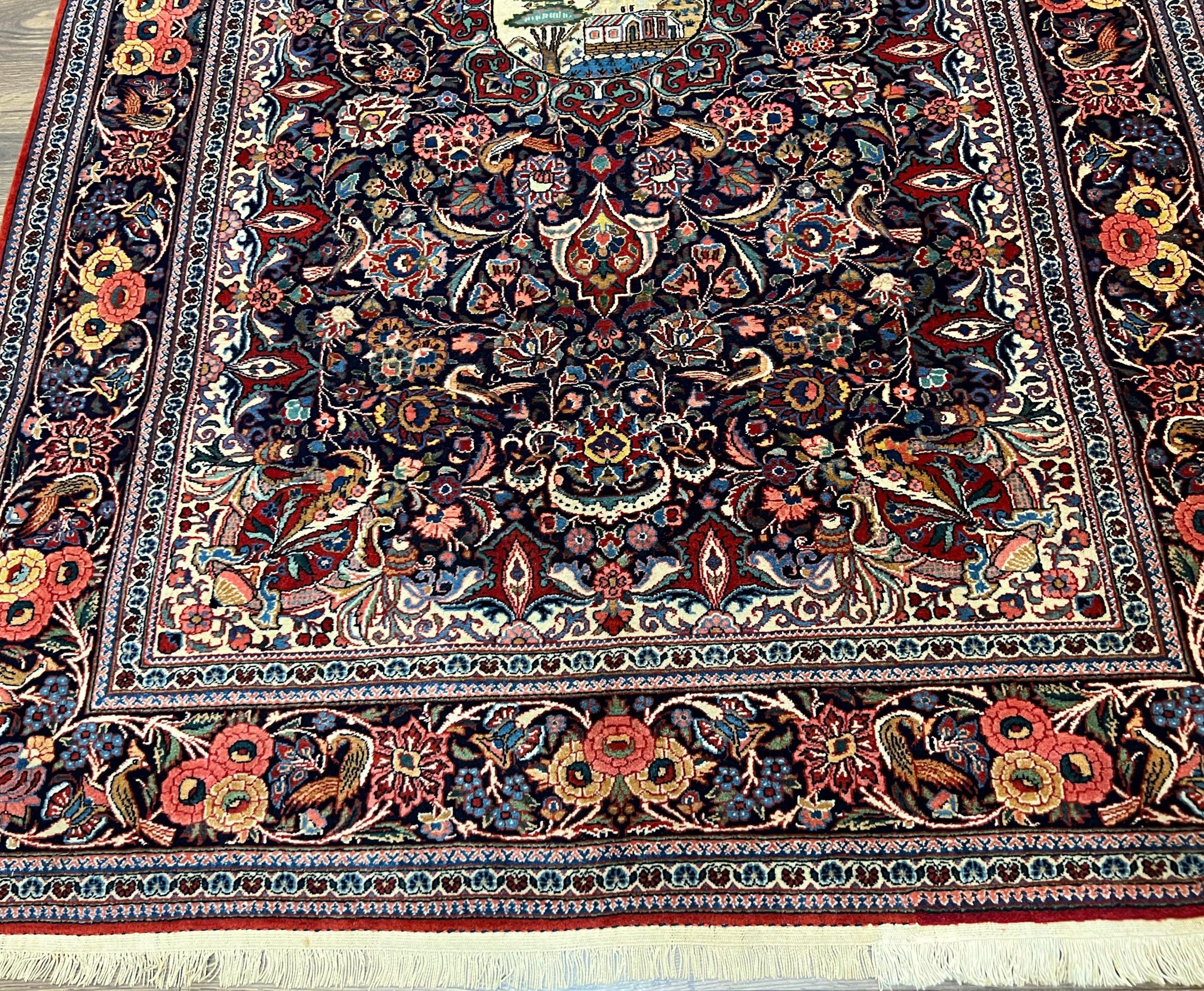 Navy Blue Persian Kashan Rug 4.4 x 6.7, Very Fine Wool Oriental Carpet, Hand-Knotted Floral Rug with Birds, Home Office Rug 4x7, Semi Antique Rug - Jewel Rugs