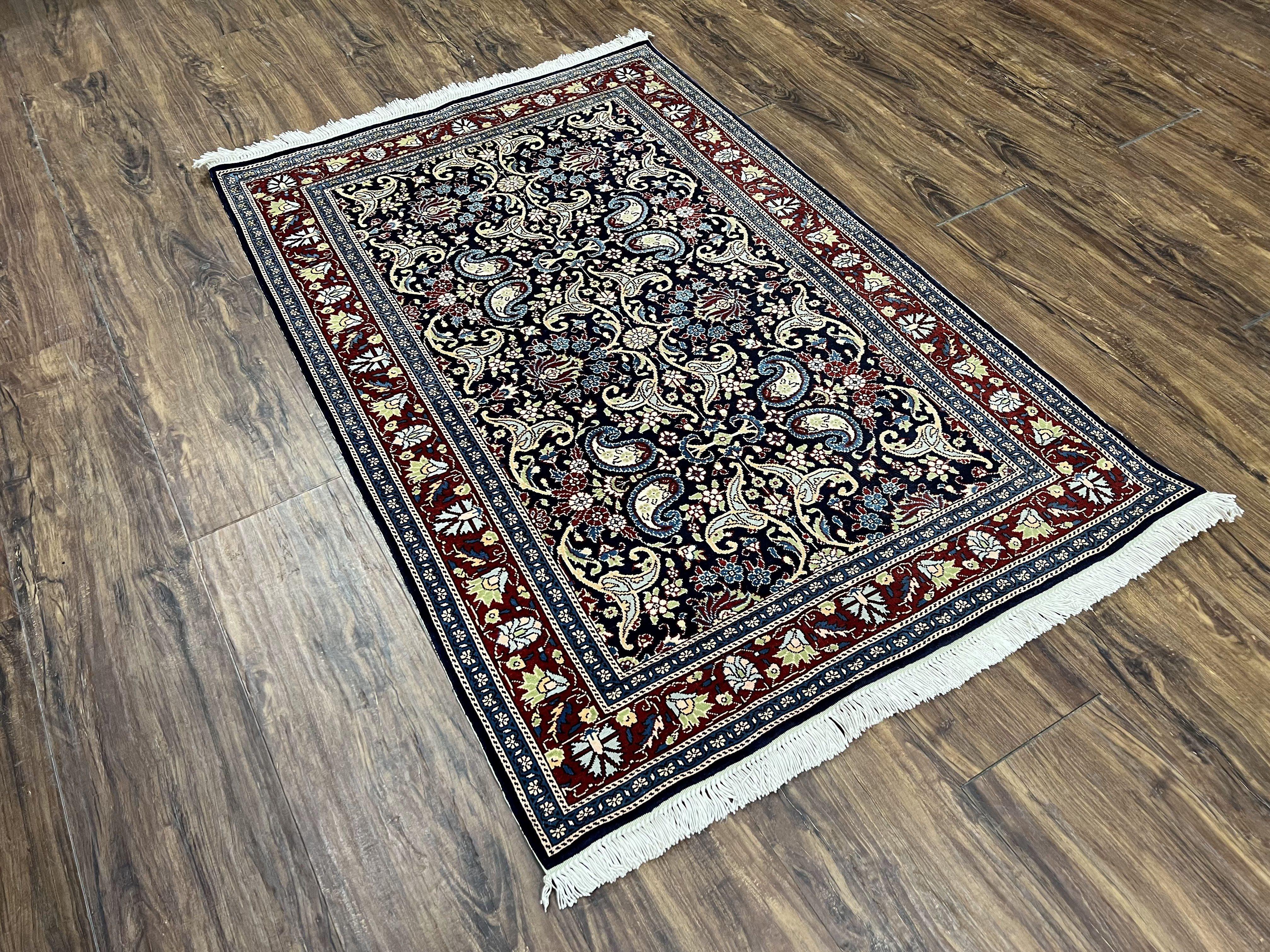 Turkish Silk Rug 3x4, Vintage Silk Carpet, Repeated Boteh Paisely Floral, Black Red Blue Fine Small Silk Rug 3 x 4 Hand Knotted Oriental Rug - Jewel Rugs