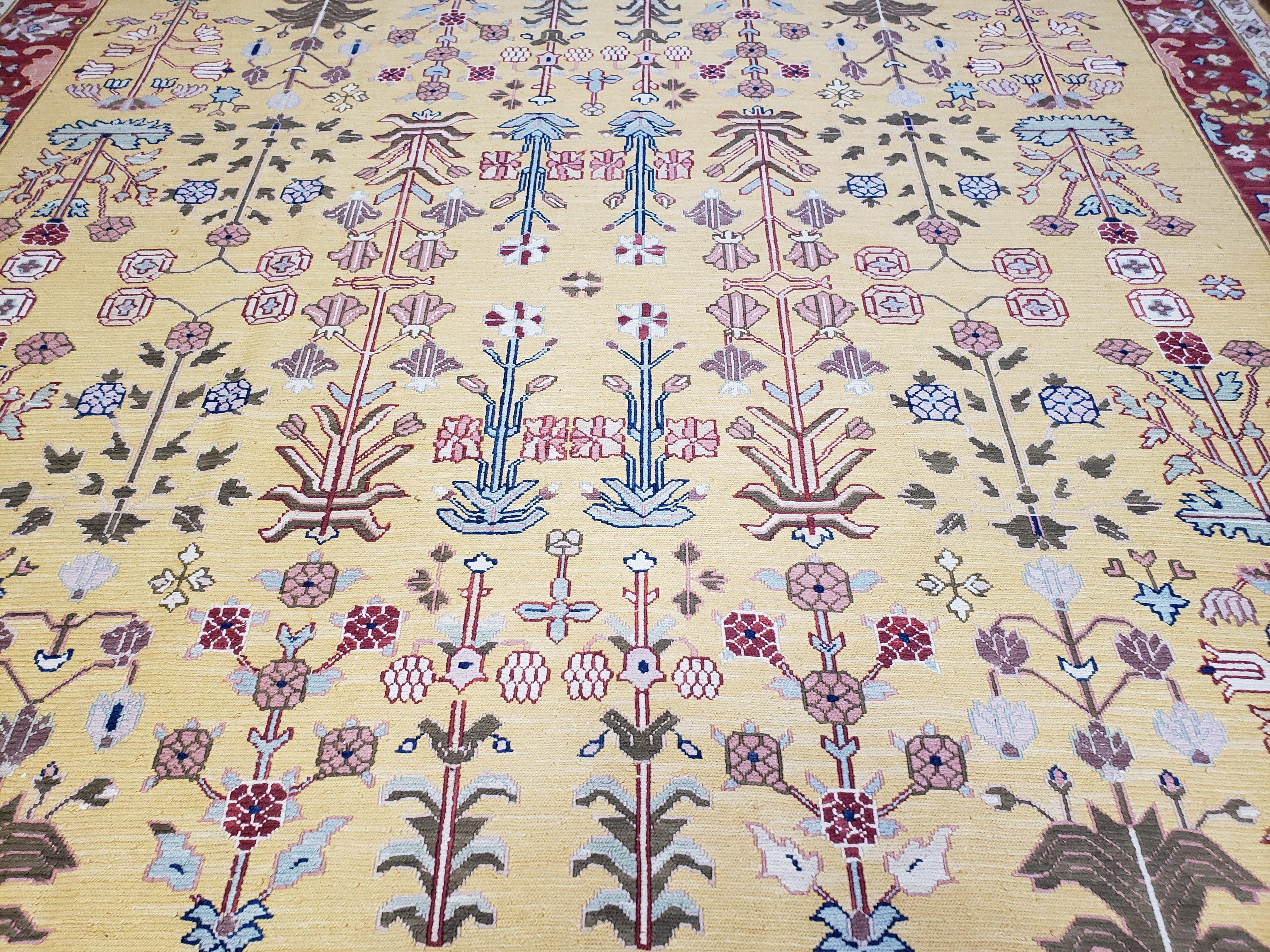 Vintage Indian Soumak Area Rug 9x12, Wool Hand-Woven Yellow Red Large Boho Carpet, Indian Bohemian Style Rug, 9 x 12 Rug - Jewel Rugs