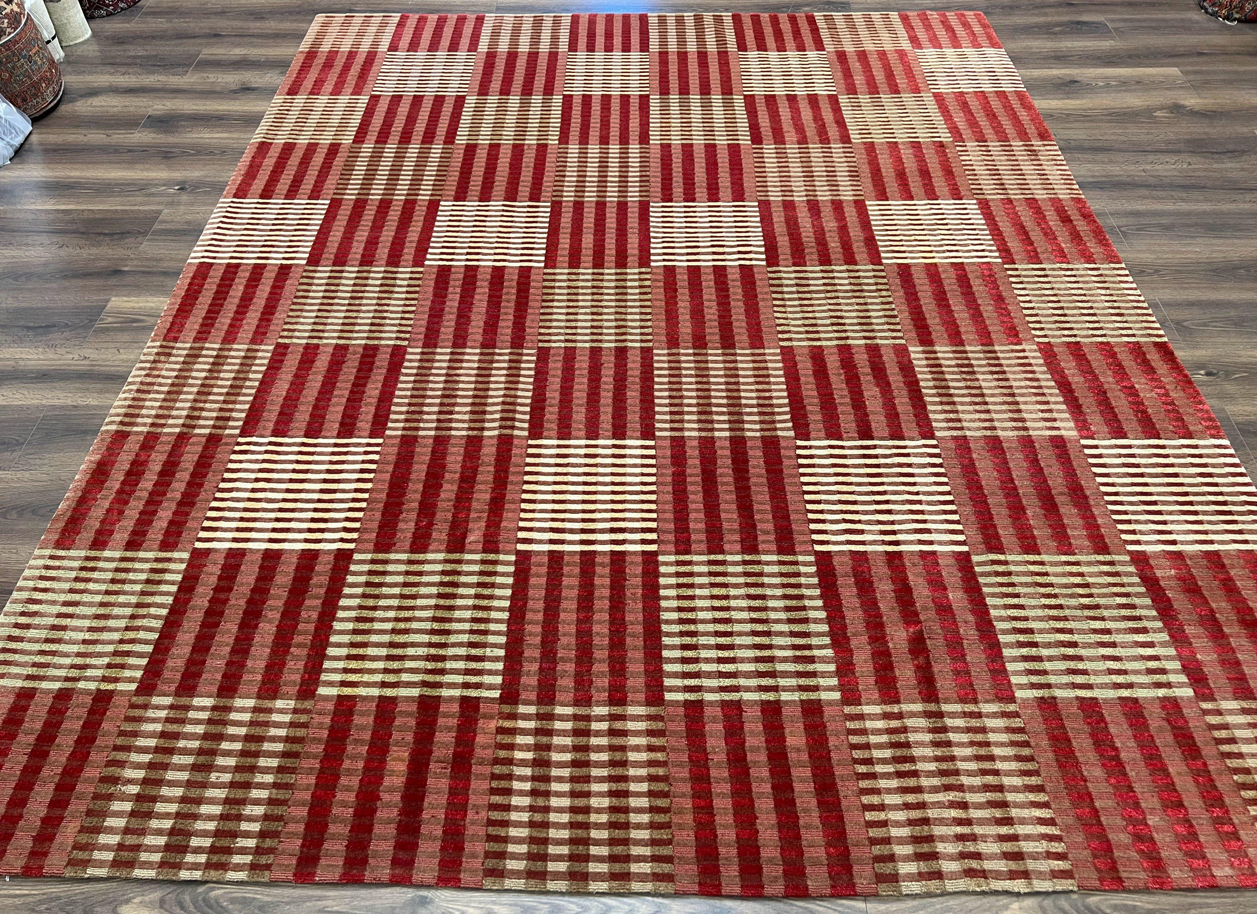 Modern Tibetan Rug 8x10, Hand Knotted Contemporary Nepali Carpet 8 x 10, Checkerboard Design, Red Cream Light Brown, Very Fine Wool & Silk - Jewel Rugs