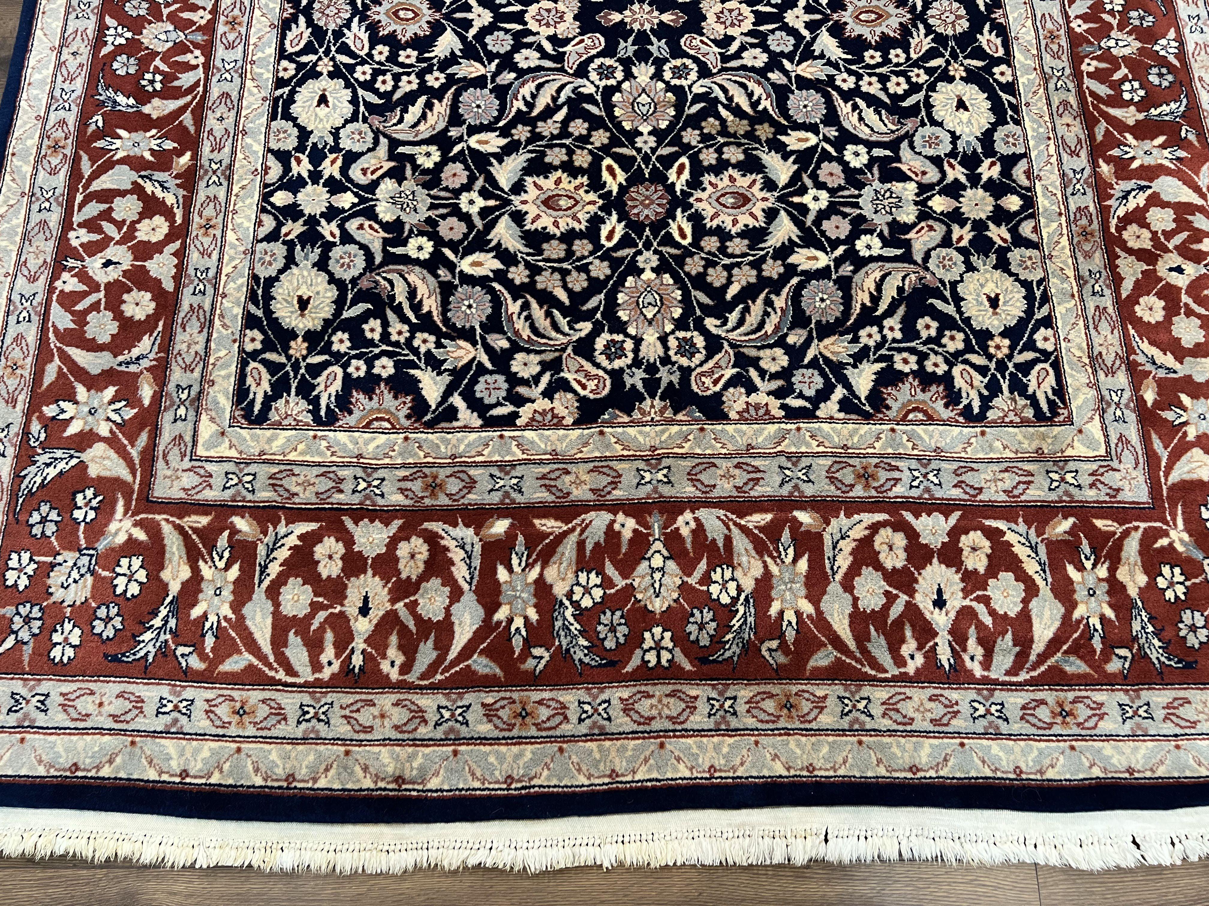 Indo Sarouk Rug 6x9, Vintage Indian Persian Rug, Wool Oriental Carpet, Navy Blue Red Allover Floral Rug, Traditional Very Fine Rug, Area Rug - Jewel Rugs