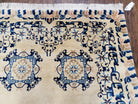 Antique Chinese Peking Area Rug 4x6, Ivory & Blue, Striped Border, Hand-Knotted, Early 20th Century Rug, Asian Oriental Art Deco Wool Carpet - Jewel Rugs