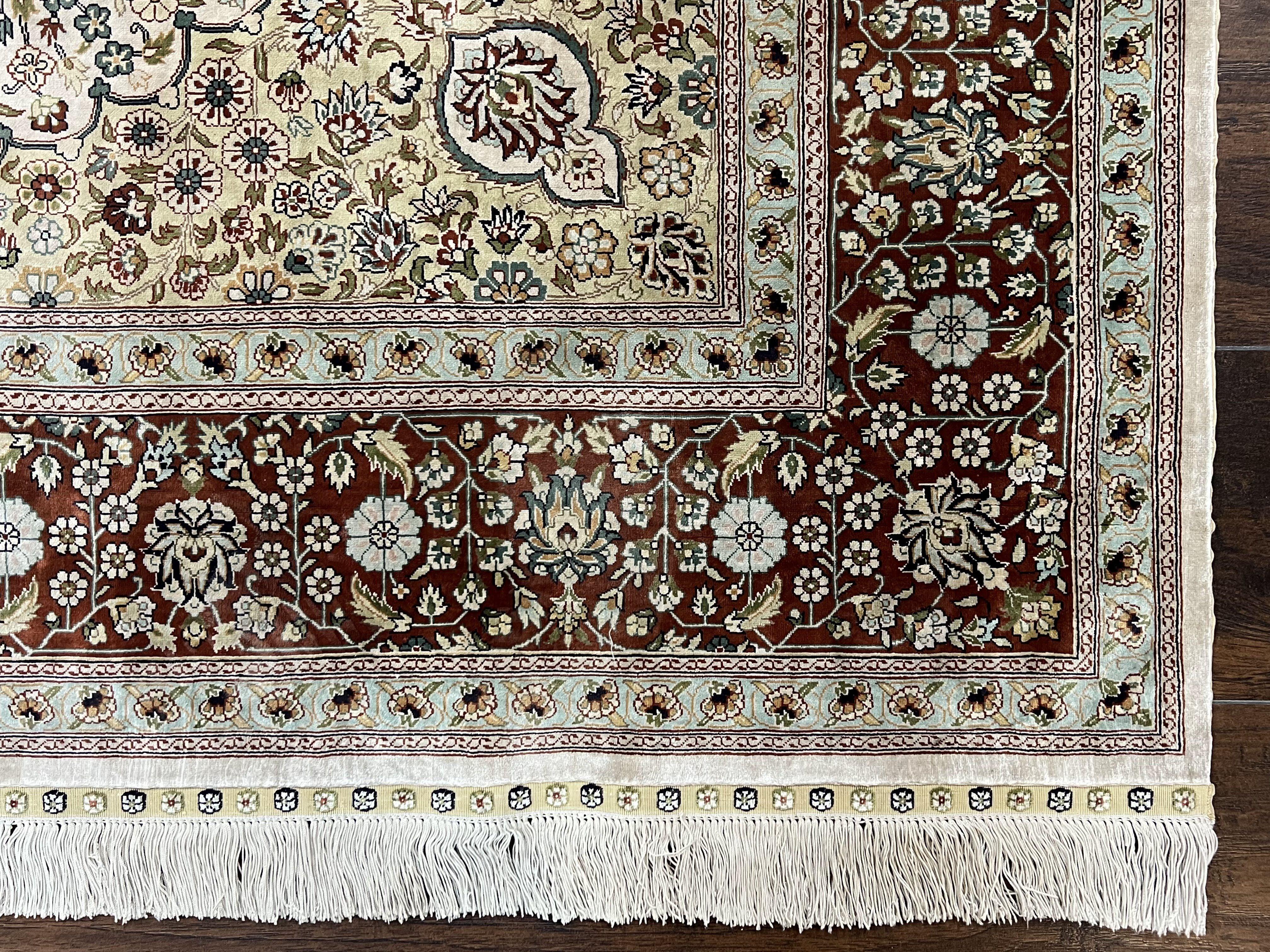 Stunning Silk Turkish Hereke Rug 5x8, Very Fine Hand Knotted Silk Carpet, Floral Allover, Vintage Silk on Silk Rug, Cream Gold Maroon, Nice - Jewel Rugs