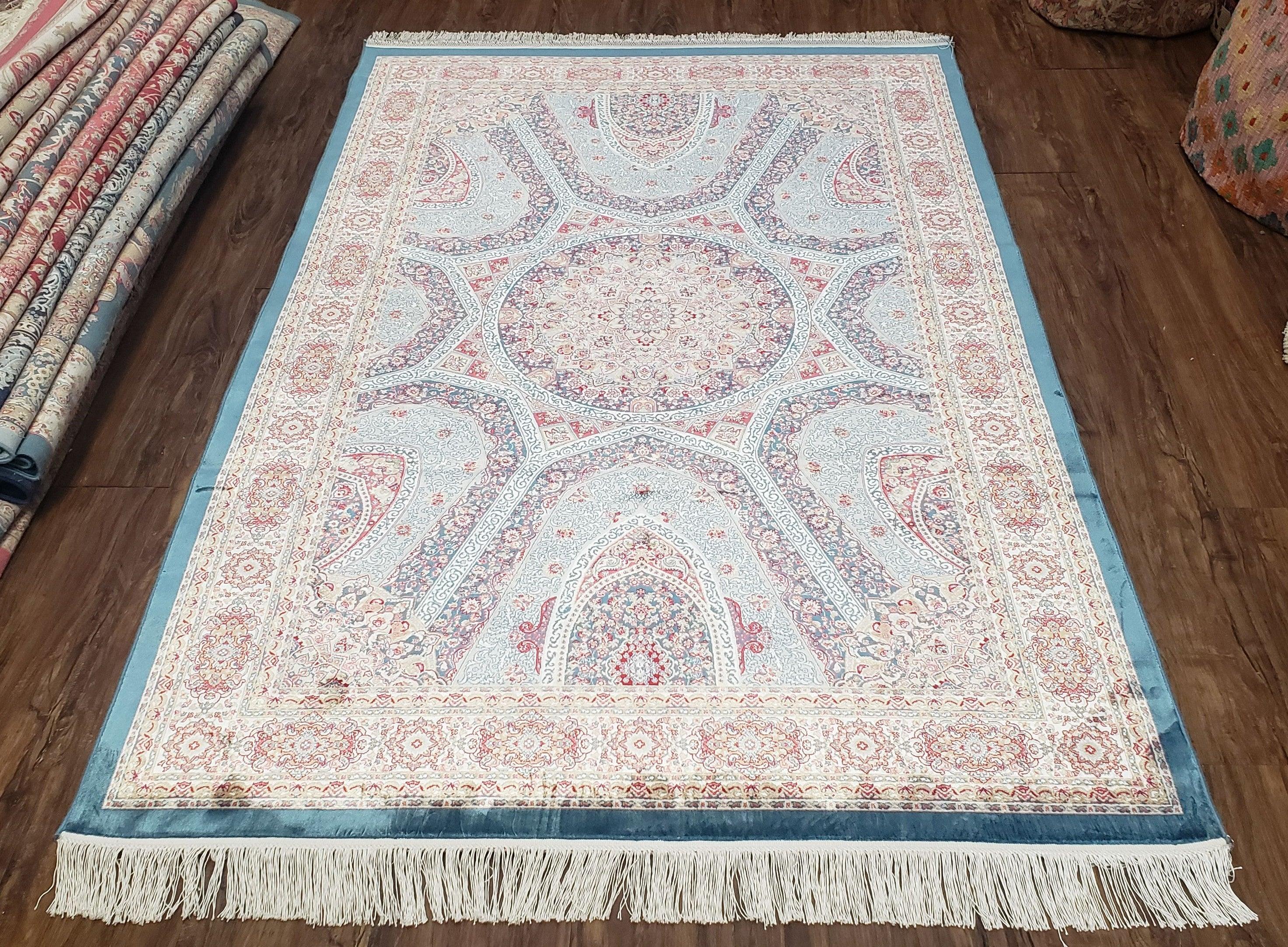 4x6 Silk Carpet, Light Blue & Beige Oriental Rug 4 x 6ft, Traditional Design Medallion All Over, Bamboo Silk, Super Fine, High Quality, Soft - Jewel Rugs