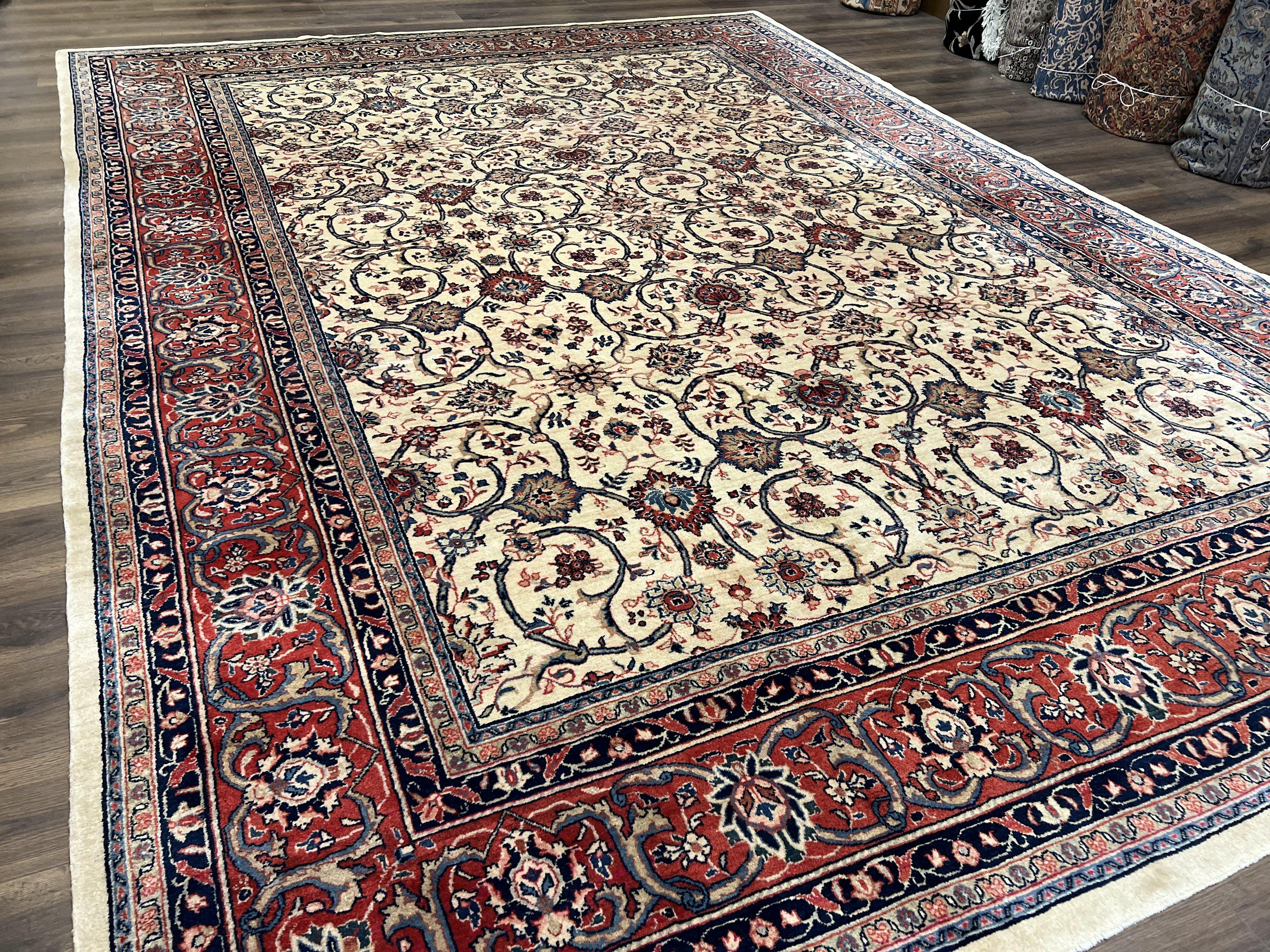 Beautiful Persian Sarouk Rug 10x14, Wool Hand-Knotted Ivory Antique Oriental Carpet 10 x 14, Ivory/Cream Red Blue, 1940s, Top Quality Fine Handmade - Jewel Rugs