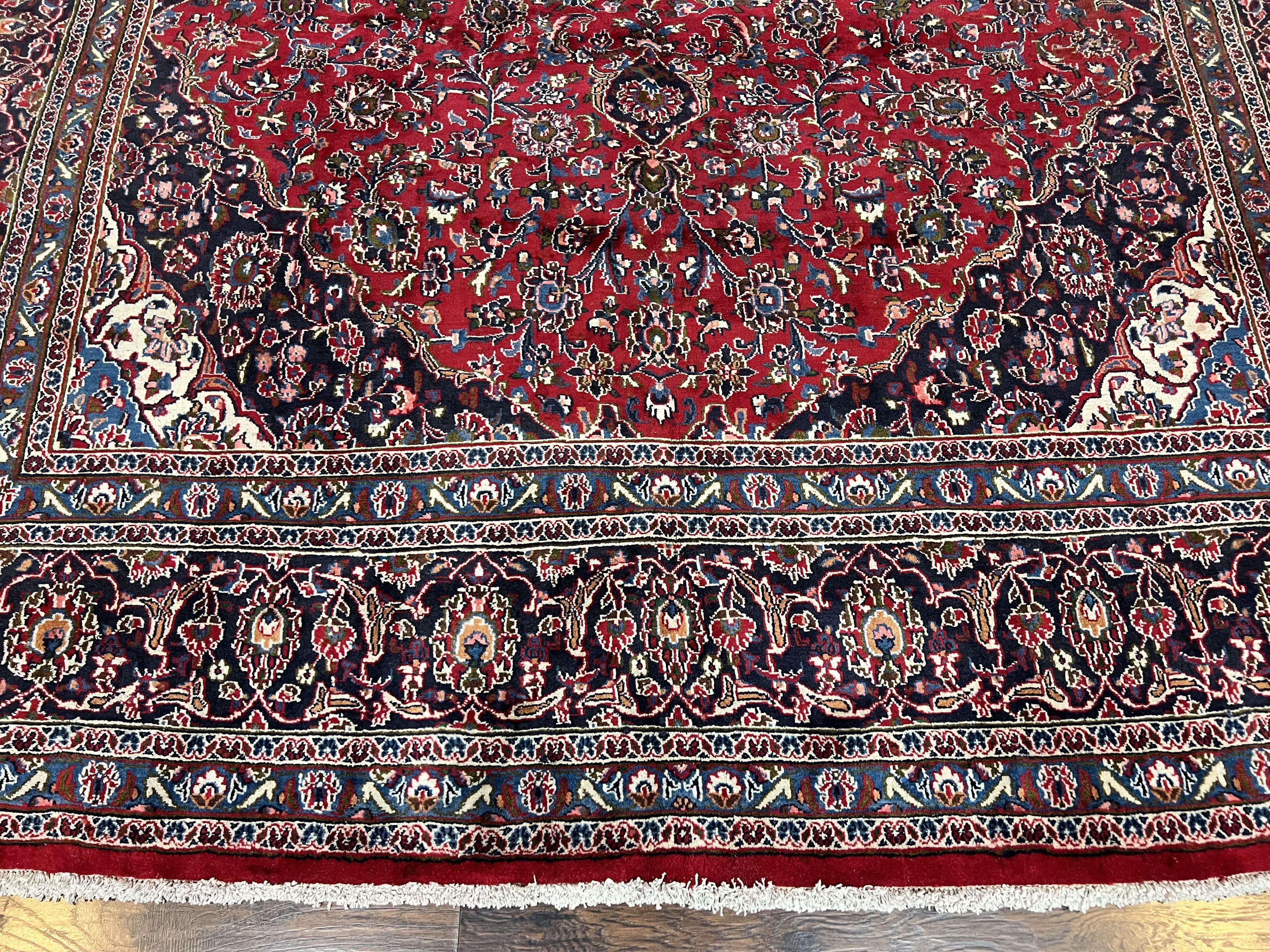 Large Persian Kashan Rug 10x13, Red Navy Blue, Allover Floral Medallion & Corner Design, Handmade Wool Oriental Carpet, Antique Traditional Rug - Jewel Rugs