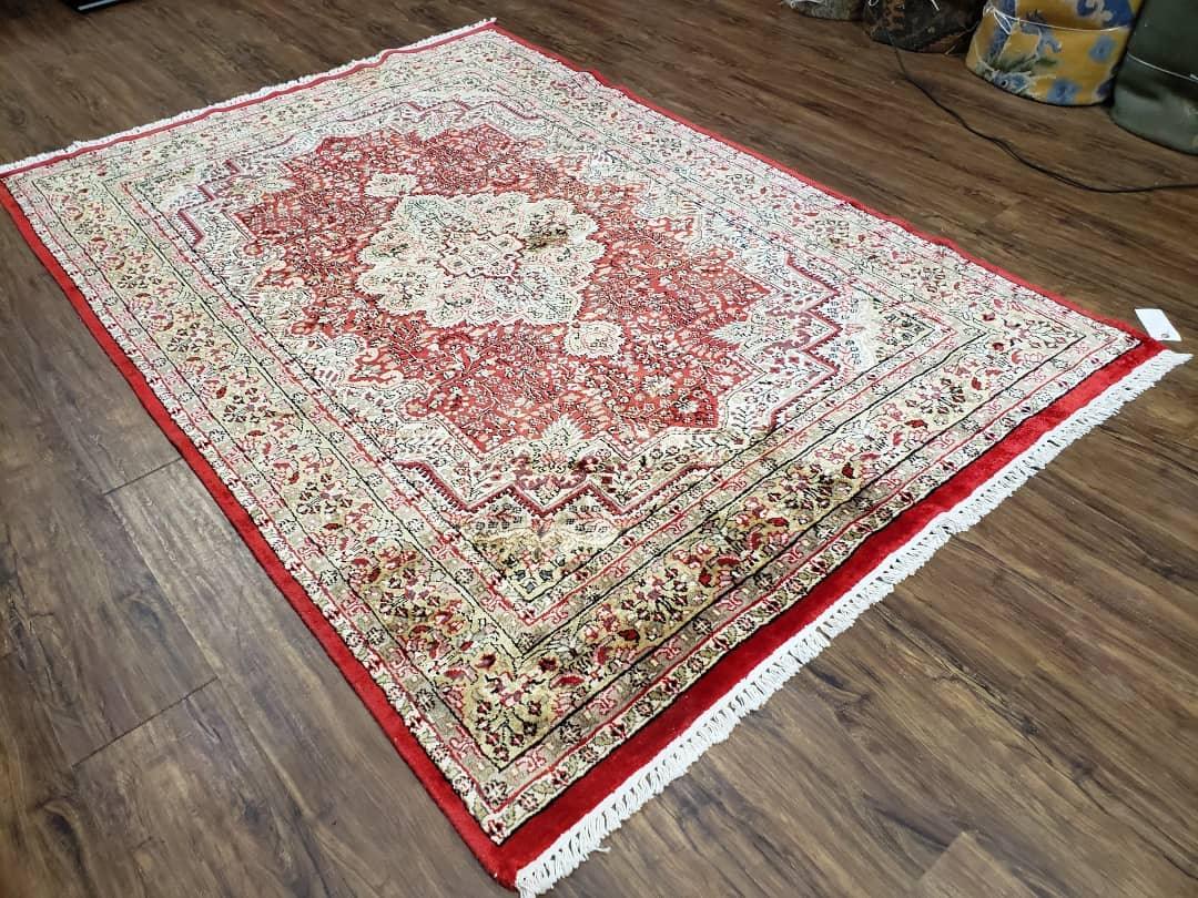 Vintage Kashmiri Silk Rug 5x7, Red & Ivory Hand-Knotted Silk Carpet, Silk Oriental Rug 5 x 7, Traditional Indian Kashmiri Fine Area Rug - Jewel Rugs