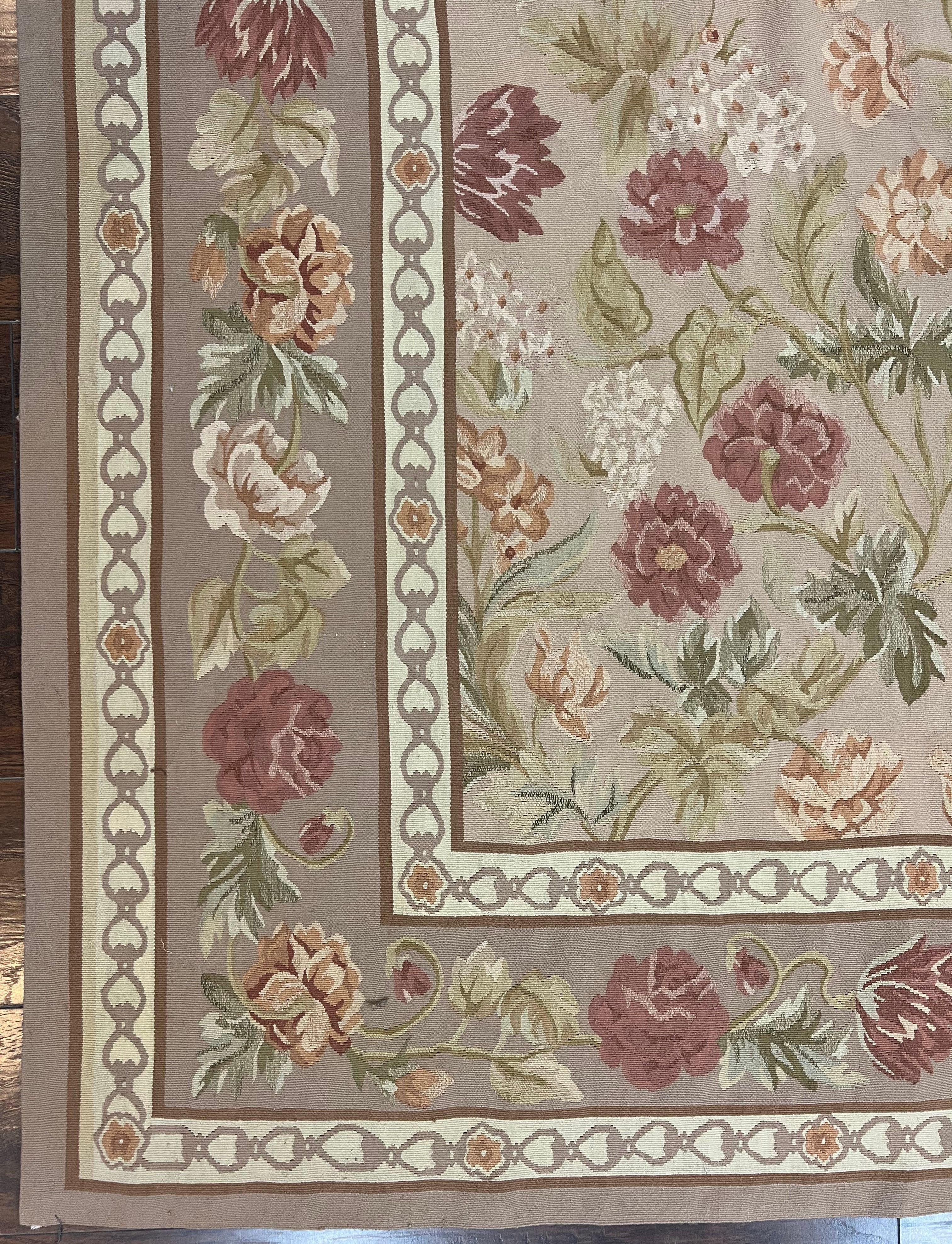 Aubusson Rug 9x12, Pink Beige Light Mauve, Handmade Allover Floral Roses, Wool Flatweave Carpet 9 x 12 ft, European French Design, Elegant - Jewel Rugs