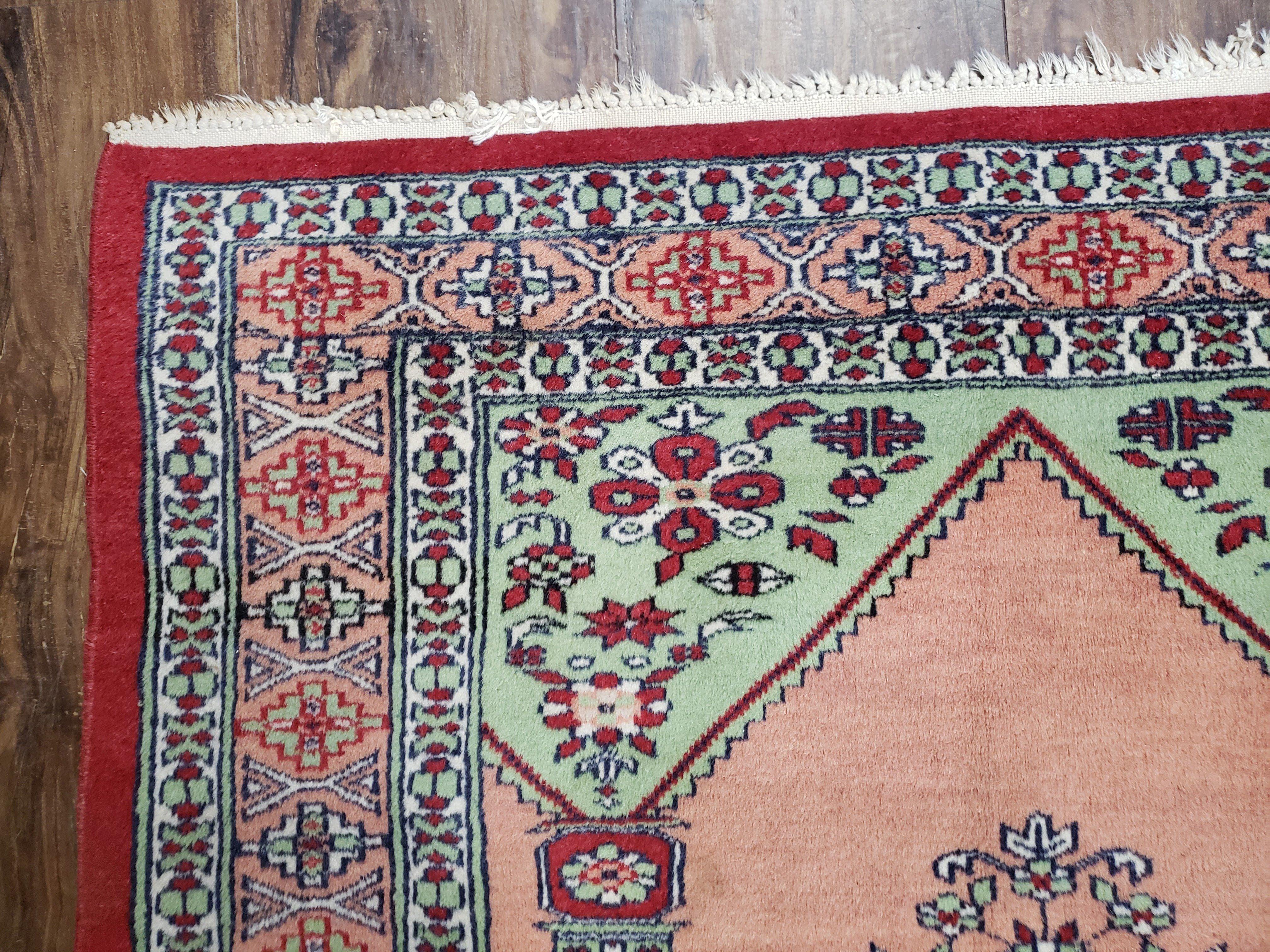 Vintage Turkish Triple Mehrab Area Rug 2.7 x 6.6, Wool Hand-Knotted Horizontal Carpet, Fine Weave, Red Peach Ivory, Nice - Jewel Rugs