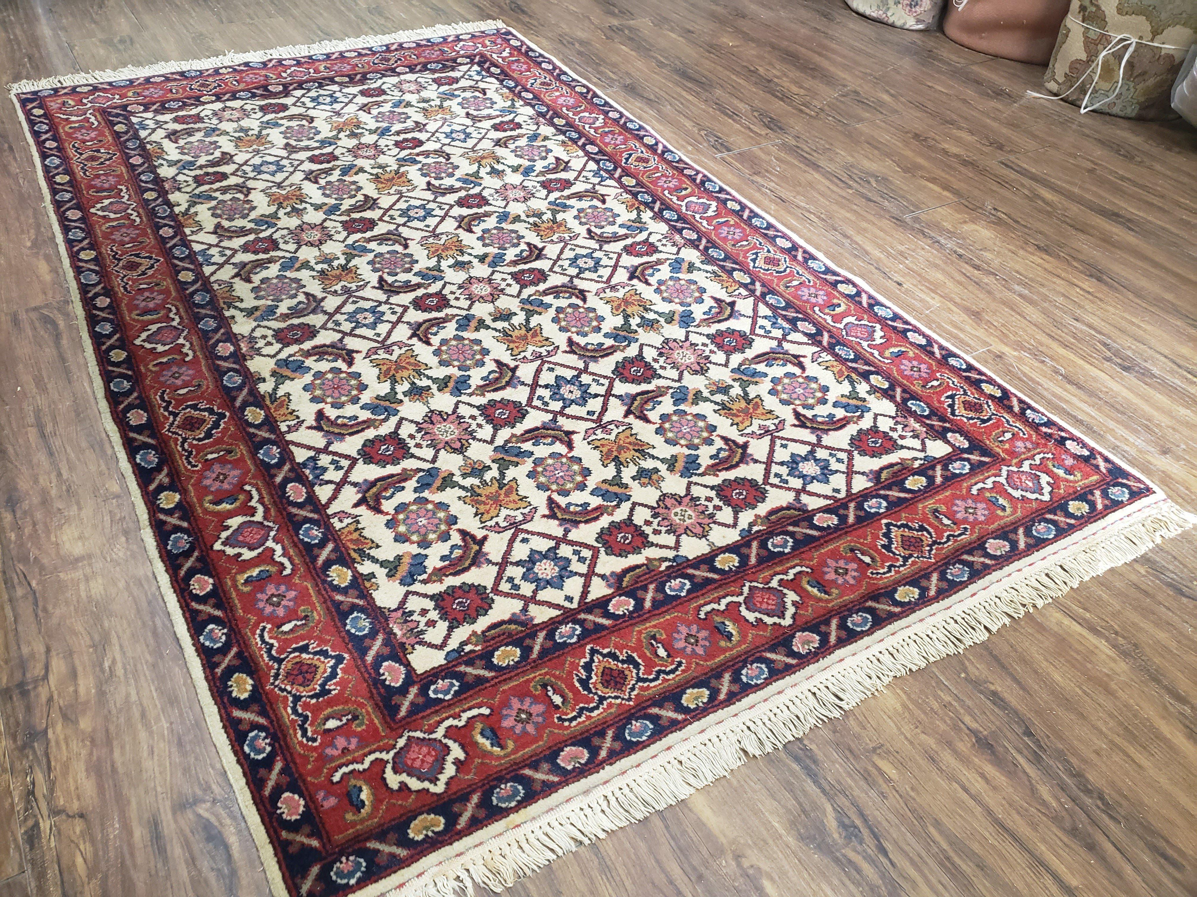 Romanian Rug 4 x 6.9 ft, Cream and Red Hand-Knotted Rug, Vintage 1980s Oriental Carpet Persian Design, 4x6 - 4x7 Rugs, Traditional Allover - Jewel Rugs