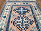 Turkish Kazak Rug 5x8 ft, Bold Geometric Bohemian Carpet, Blue and Ivory Hand Knotted Area Rug, Medium Sized High Quality Wool Oriental Rug - Jewel Rugs