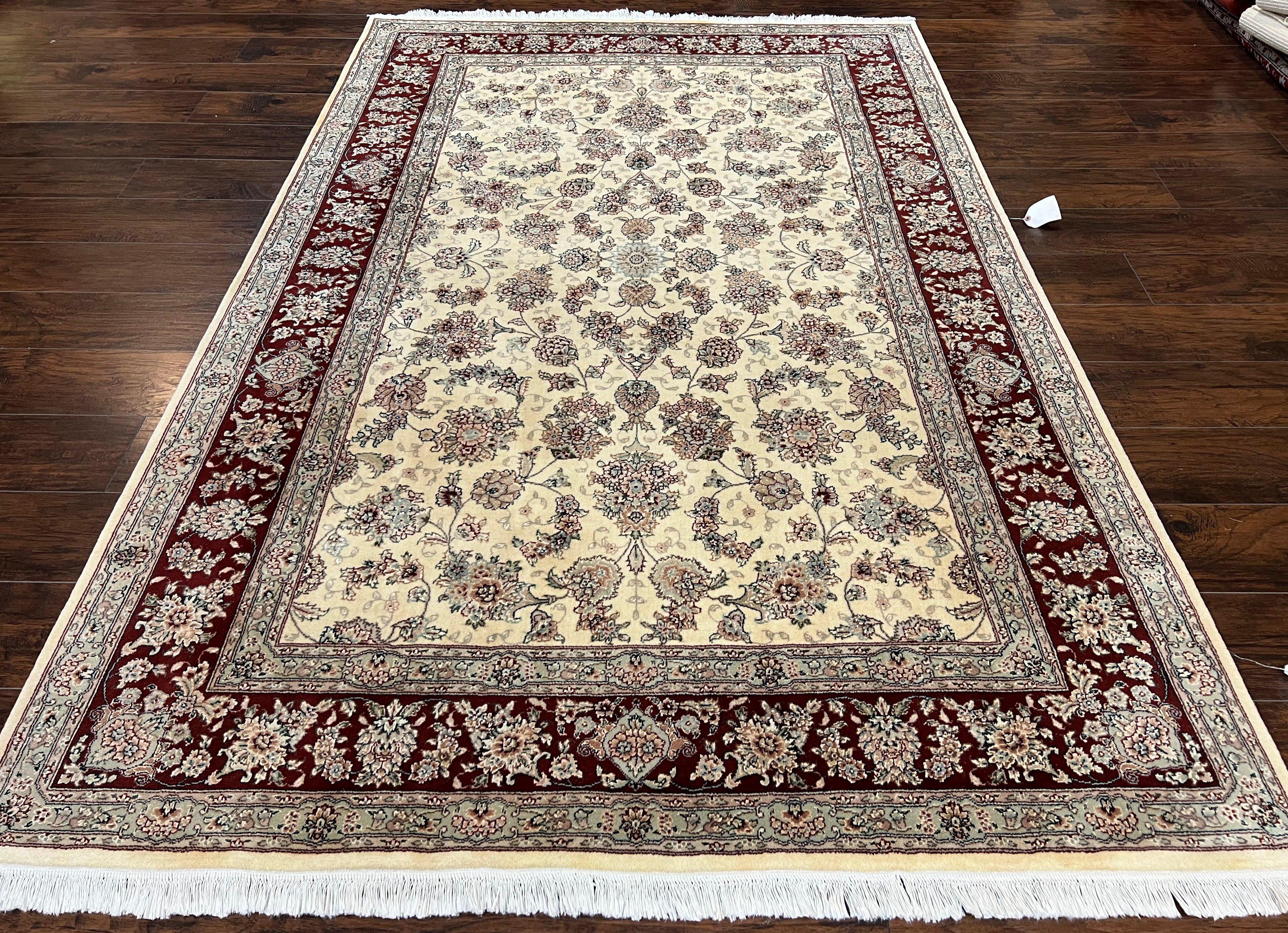 Pak Persian Rug 6x9, Floral Allover Carpet 6 x 9 ft, Cream and Maroon Hand Knotted Wool and Silk Fine Oriental Rug, Traditional Vintage Rug - Jewel Rugs