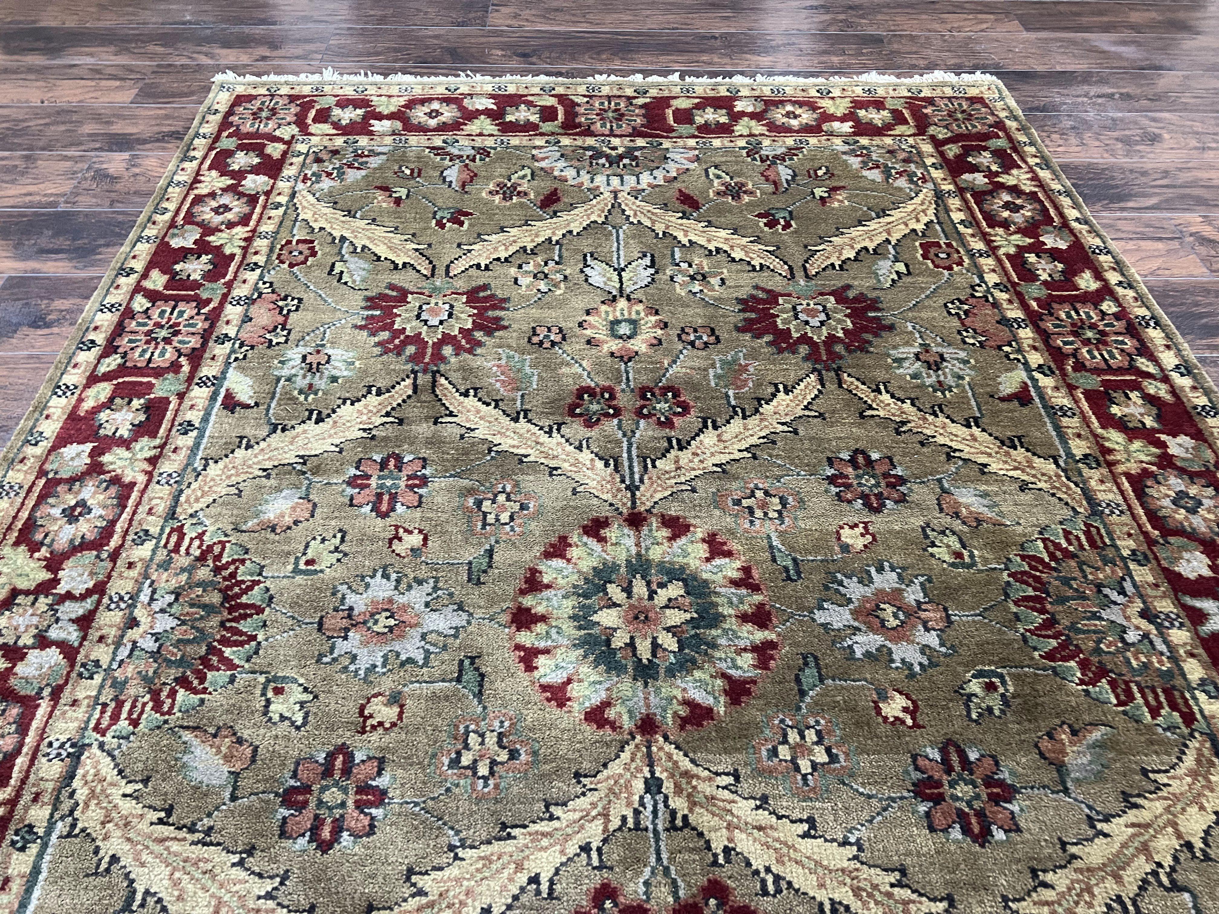 Vintage Indo Mahal Area Rug 5.7 x 9, Indian Persian Oriental Carpet, Green Maroon Beige Rug, Hand-Knotted, Floral Design, Wool, Medium Rug - Jewel Rugs