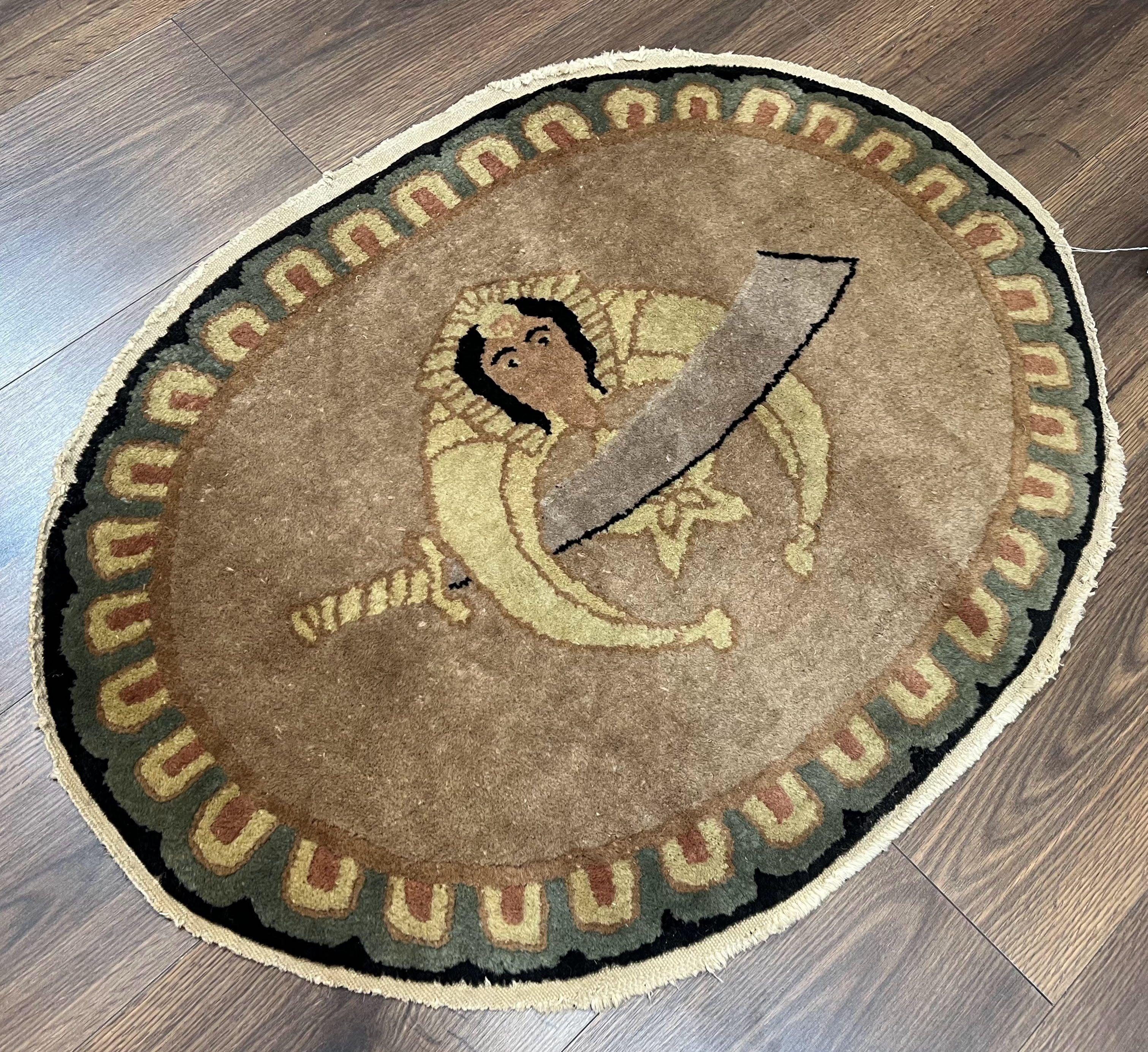 Small Chinese Oval Rug 2 x 2.9, Peking Rug, Hand Knotted Wool Oriental Rug, Antique 1920s Peking Sword Rug, Taupe Gray, Asian Oriental Rug - Jewel Rugs