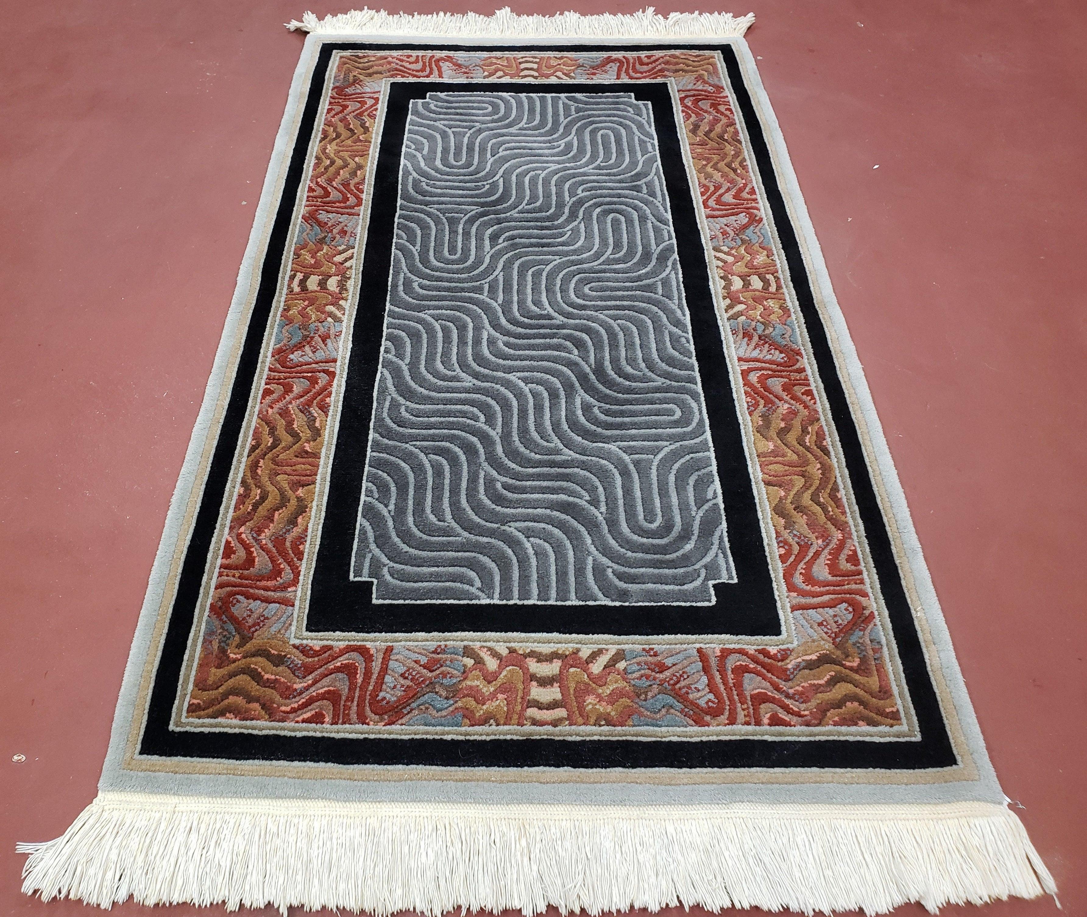 Vintage Chinese Art Deco Accent Rug 3x5, Wool Hand-Knotted, Black & Slate Gray Modern Abstract Asian Oriental Carpet, 3 x 5 Foyer Room Rug - Jewel Rugs